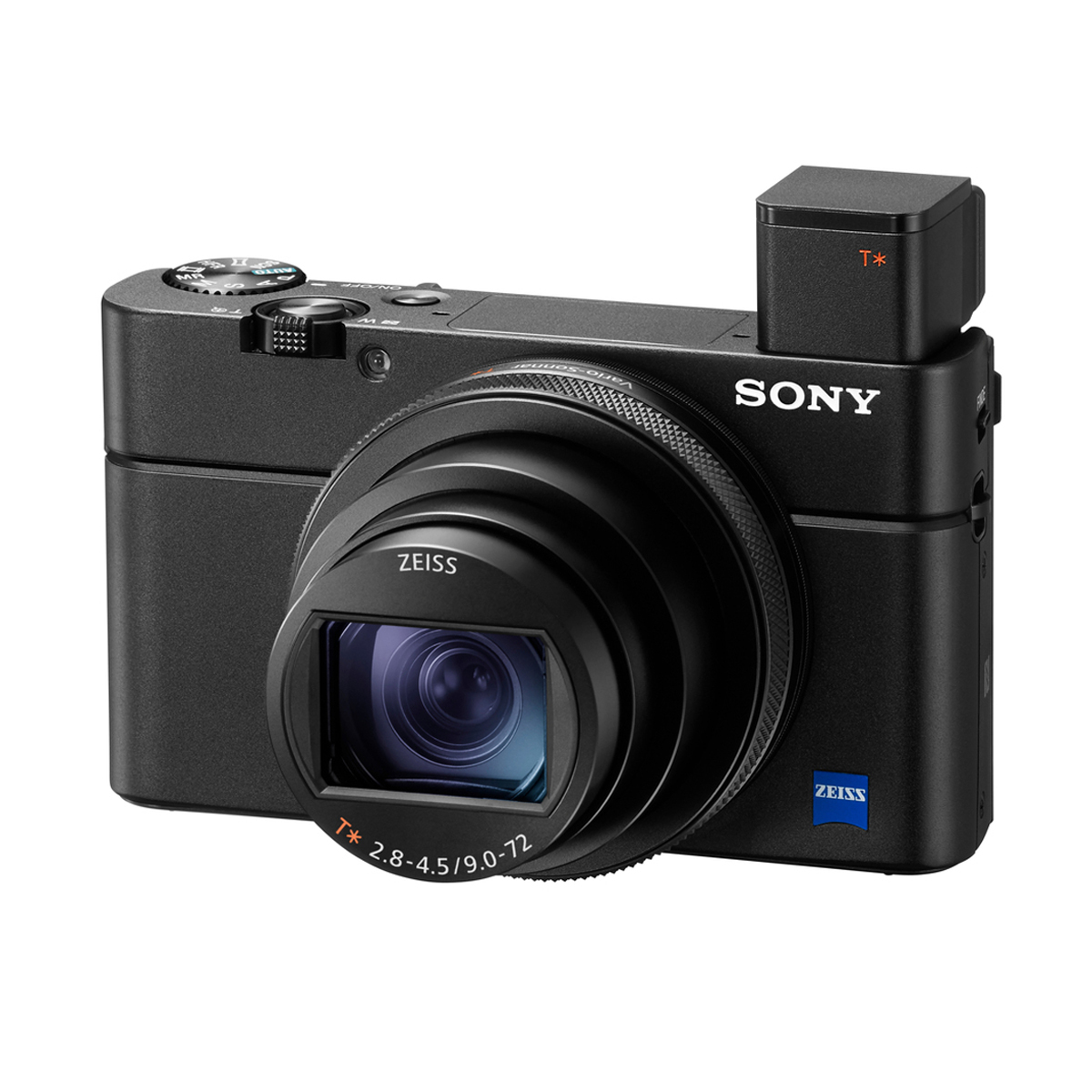 Sony DSC-RX100 VIIA – schräge Ansicht mit ausgefahrenem Objektiv und elektronischem Sucher