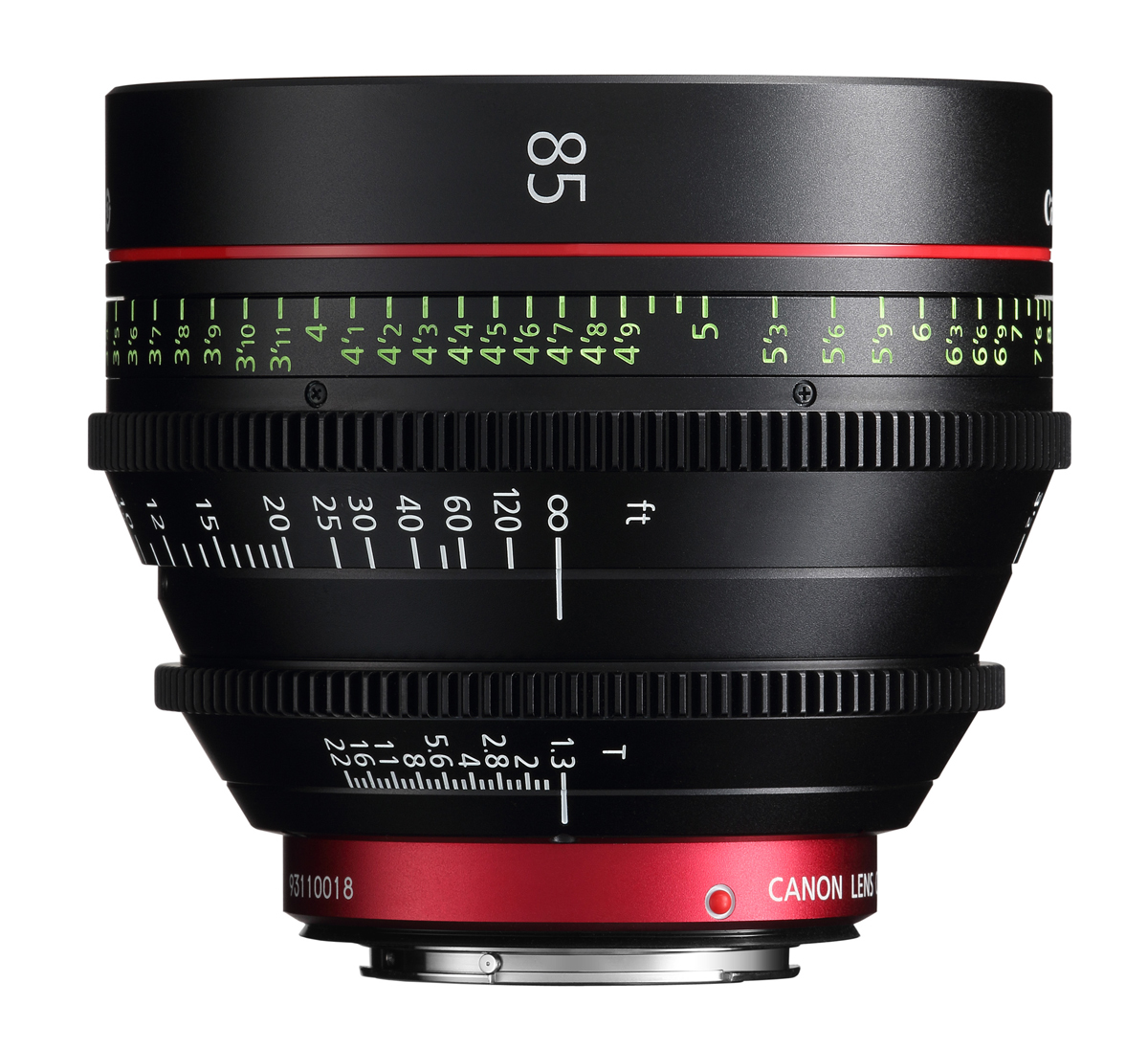 Canon CN-E 85 mm T1.3 L F Cine-Objektiv in Vorderansicht mit Fokus- und Blendenmarkierungen.