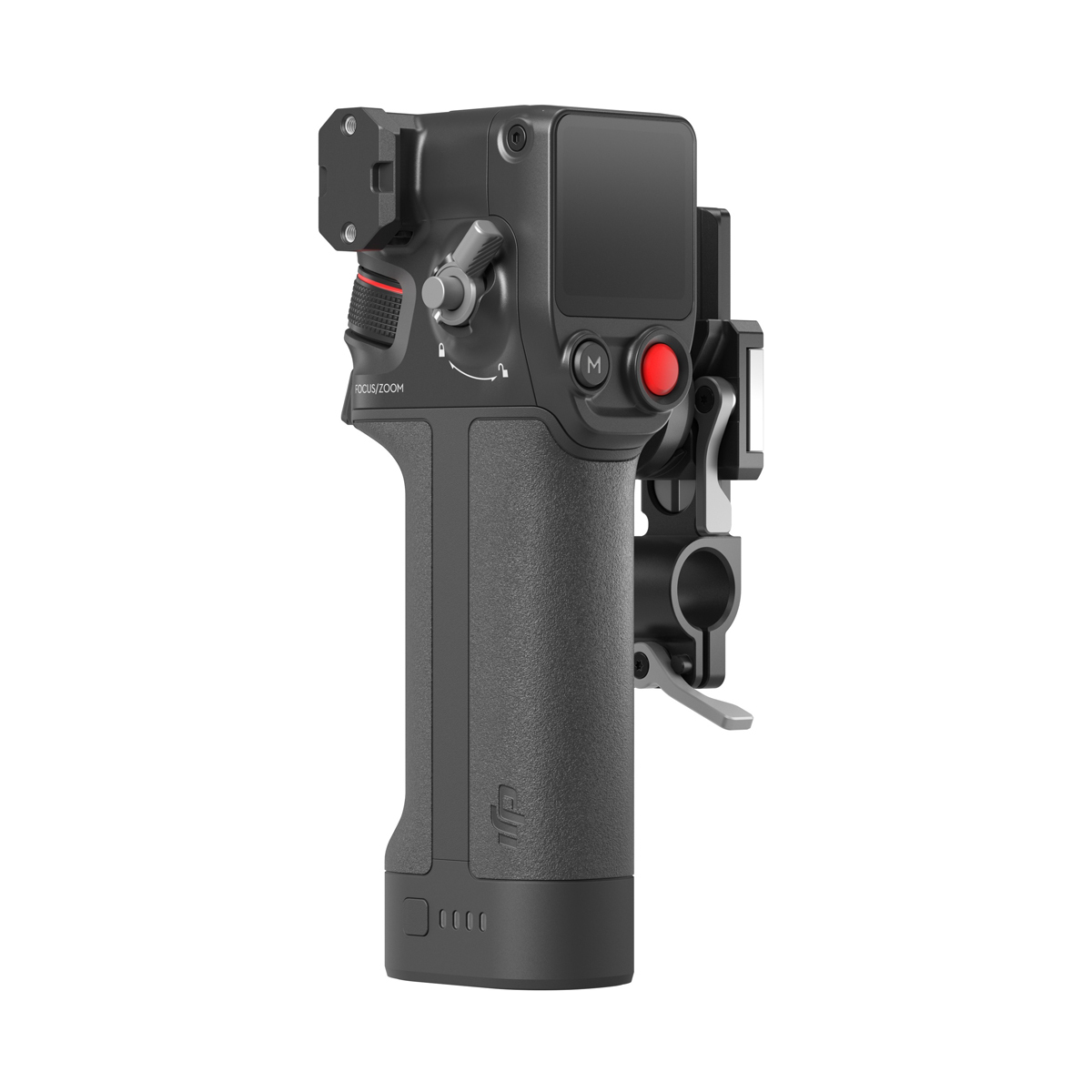 DJI Focus Pro Handgriff in schräger rechter Ansicht mit Display, Aufnahmetaste und seitlicher Montagehalterung