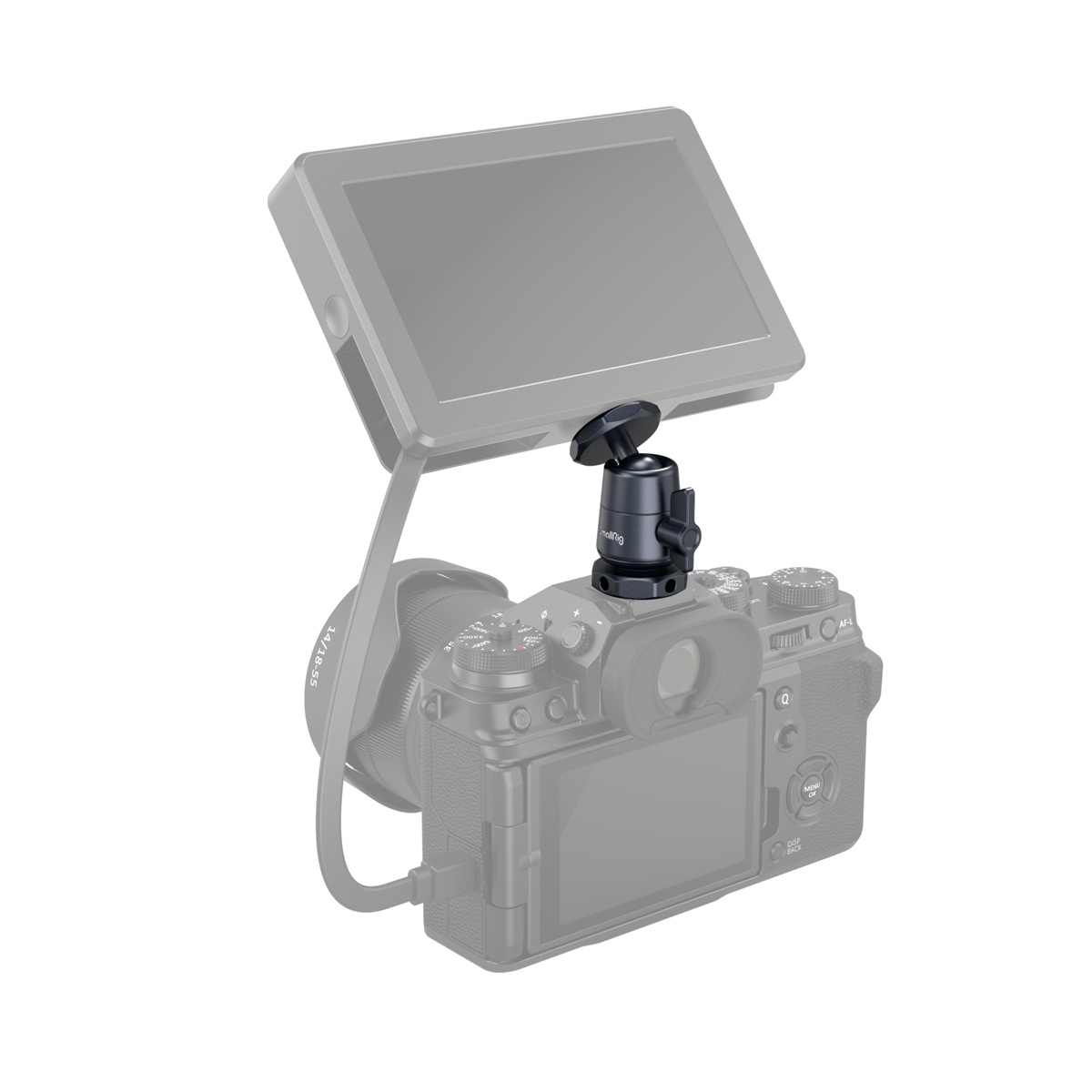 2948B Minikugelkopf + ColdShoe (2 Stk.) 2948B Minikugelkopf + ColdShoe, Anwendungsbeispiel auf Kamera mit montiertem Monitor