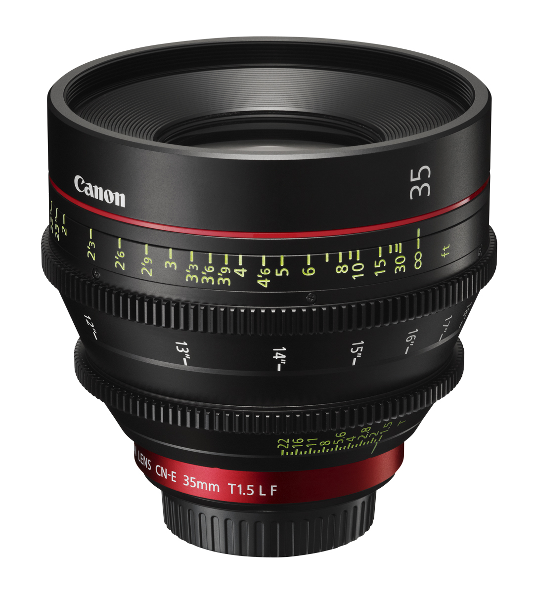 Canon CN-E 35 mm T1.5 L F Cine-Objektiv in Vorderansicht mit Fokus- und Blendenmarkierungen.