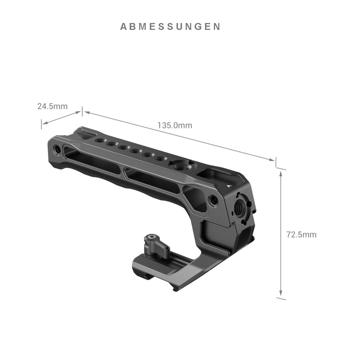 SmallRig NATO Top Griff Lite – Detail mit Maßangaben zu Länge, Höhe und Montagepunkten