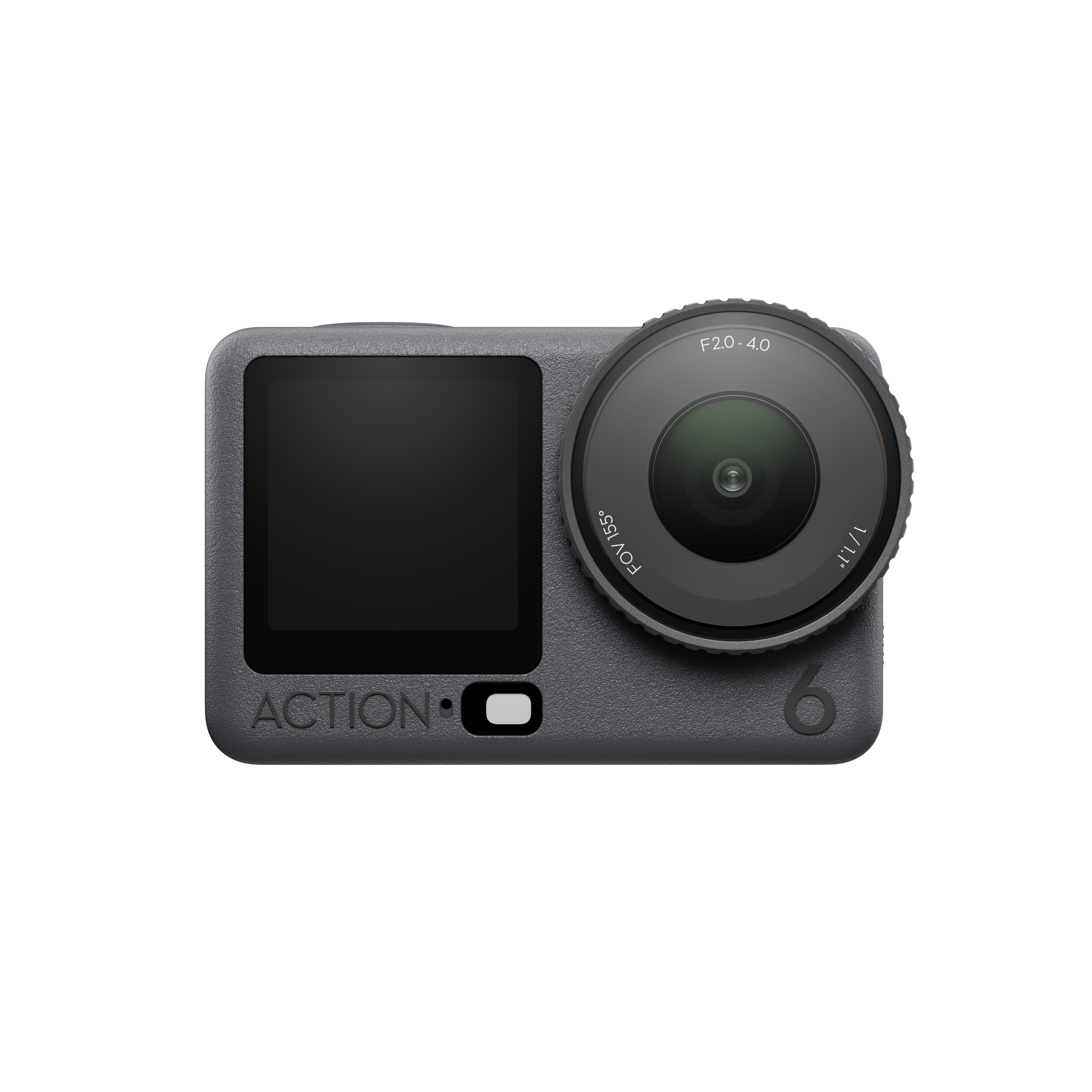 Osmo Action 6 Standard Combo DJI Osmo Action 6 – Vorderansicht mit Frontdisplay und Weitwinkelobjektiv in kompaktem robustem Gehäuse
