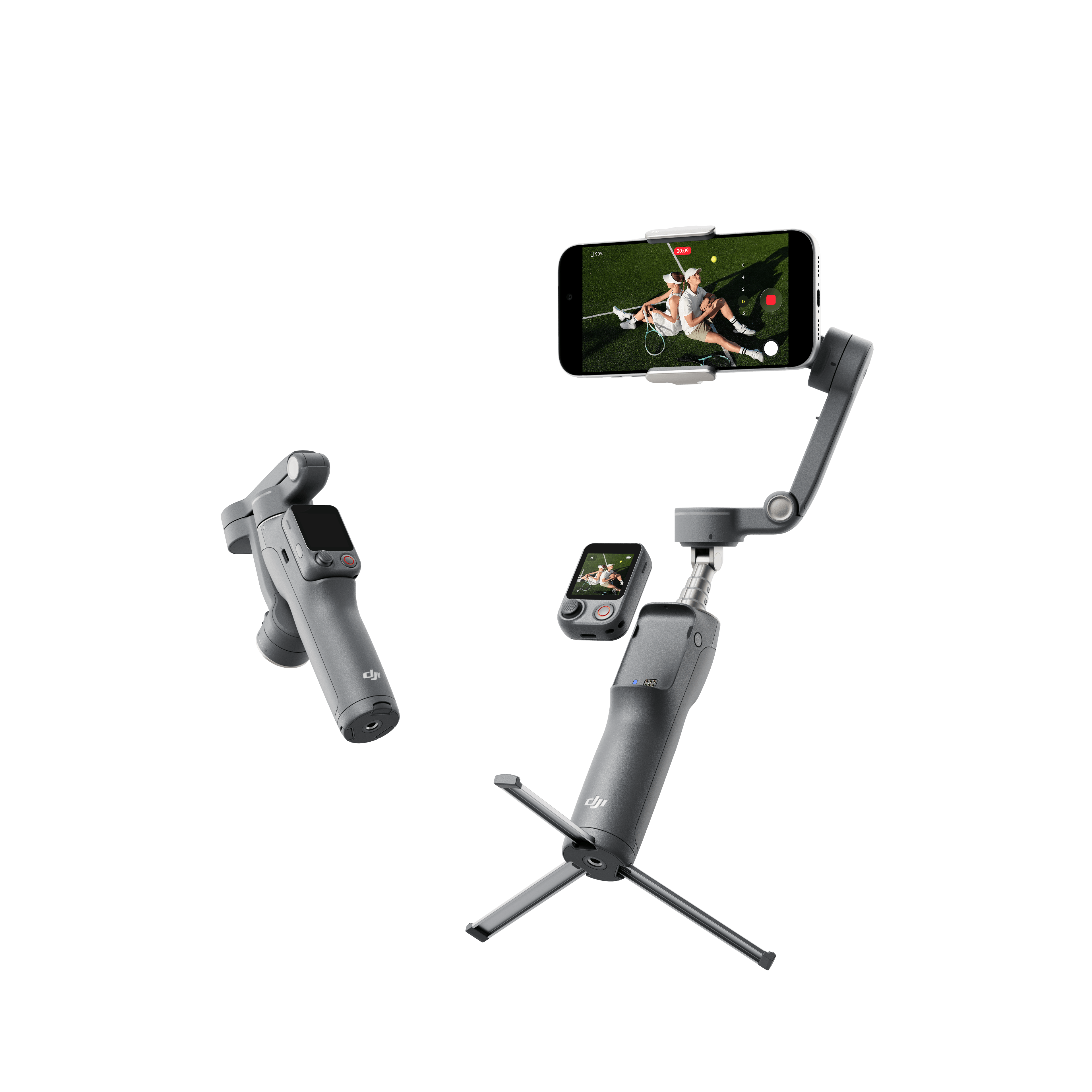 DJI Osmo Mobile 8P Smartphone-Gimbal in schräger Vorderansicht mit ausgeklapptem Stativ