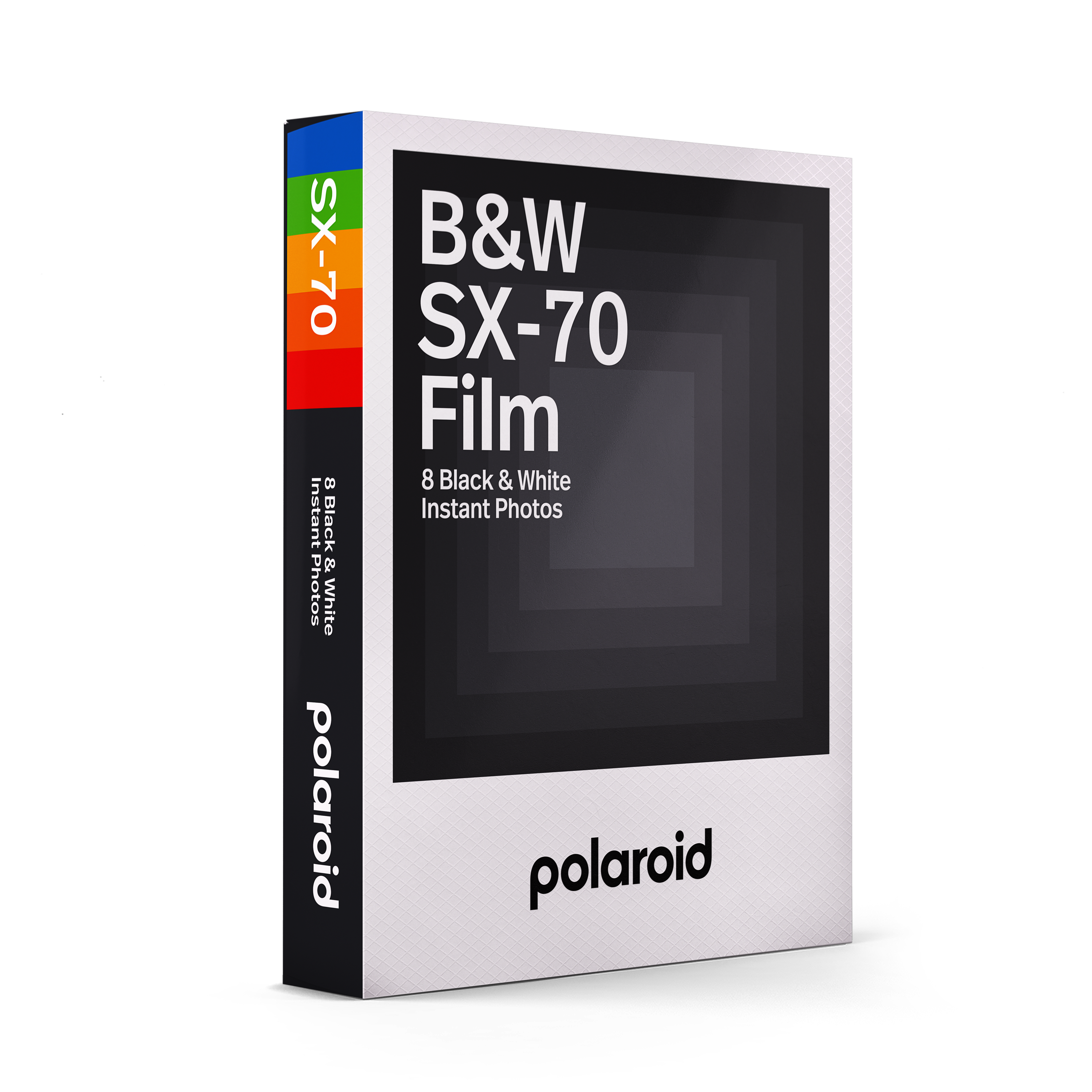 Polaroid SX-70 Schwarzweißfilm – Vorderansicht der Verpackung für Sofortbilder mit grauem Rahmen und 8 Aufnahmen