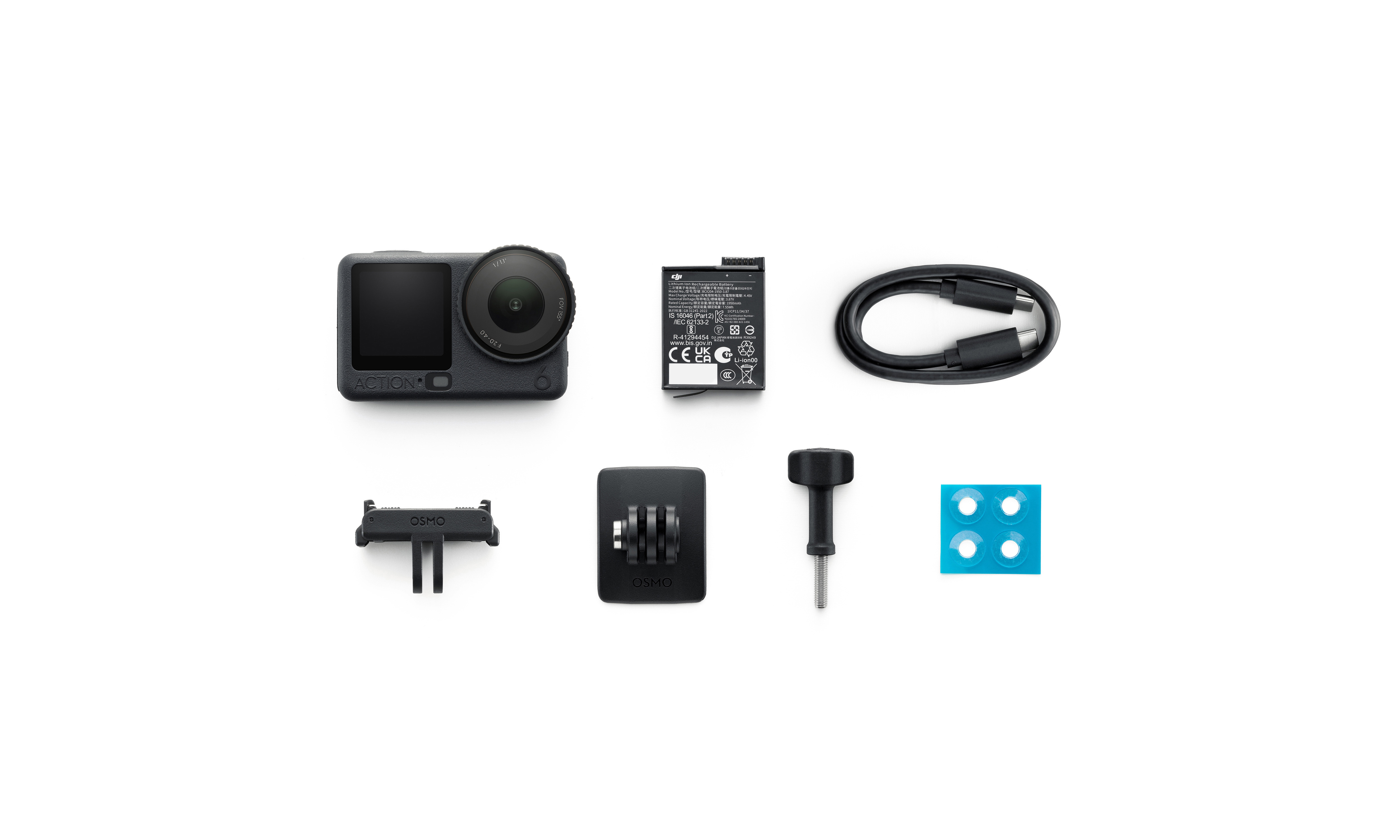Osmo Action 6 Standard Combo DJI Osmo Action 6 – kompletter Lieferumfang mit Kamera, Akku, Kabel, Halterungen und Befestigungsteilen