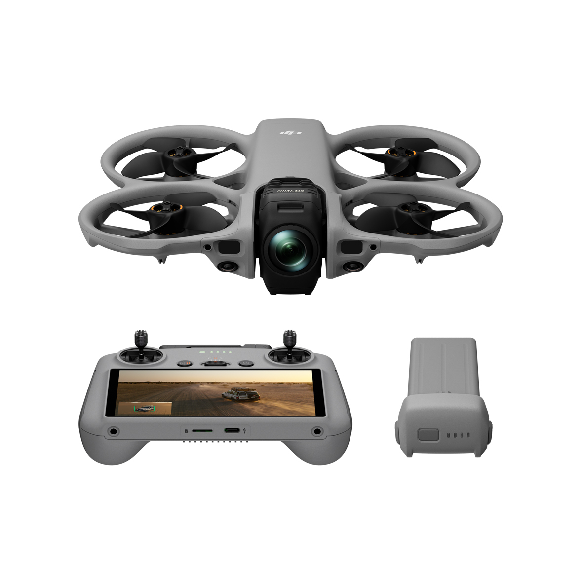 DJI Avata 360 mit RC 2 – Frontansicht von Drohne, Fernsteuerung mit Display und Akku