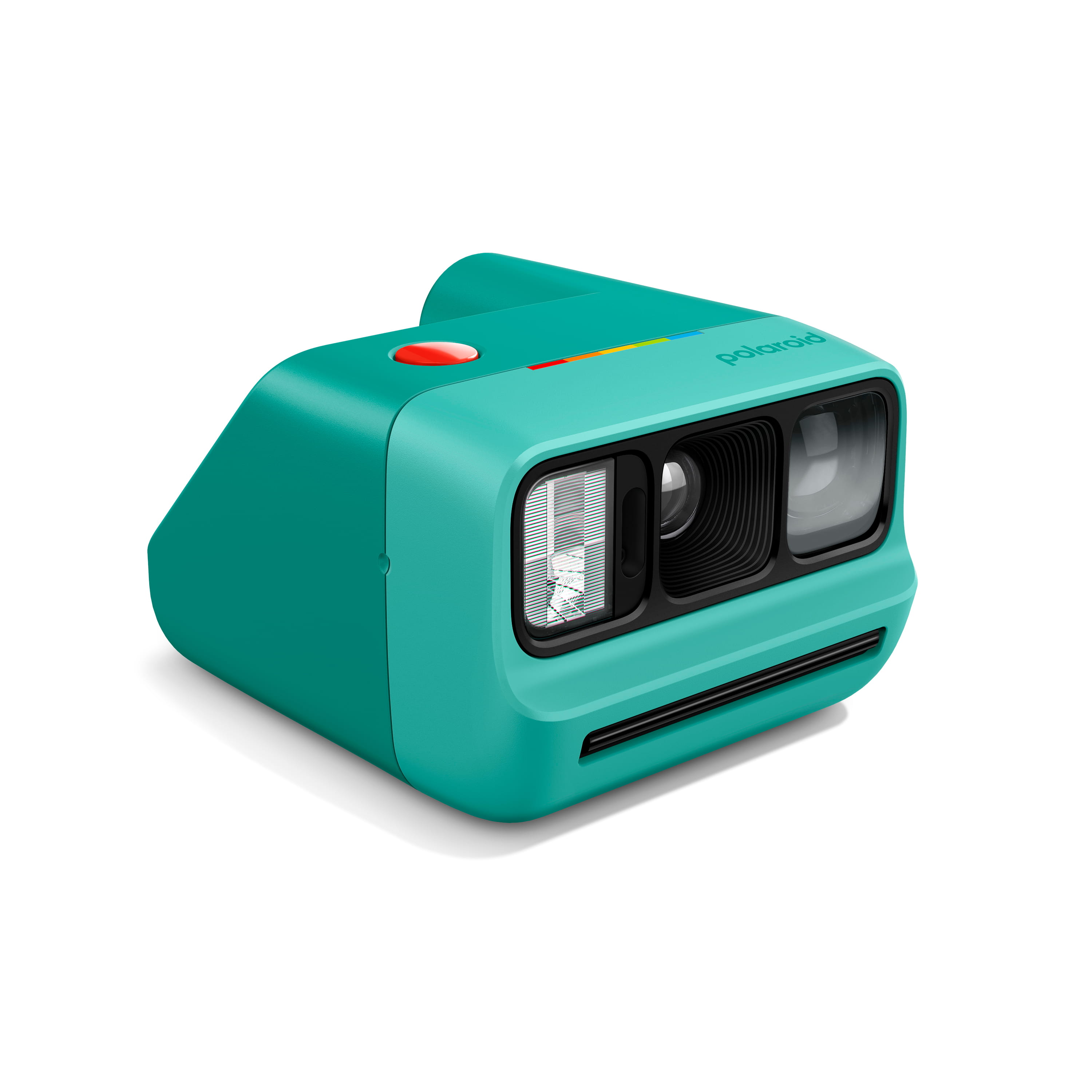 Polaroid Go Generation 3 in Türkis in schräger linker Vorderansicht mit Objektiv und Filmausgabe