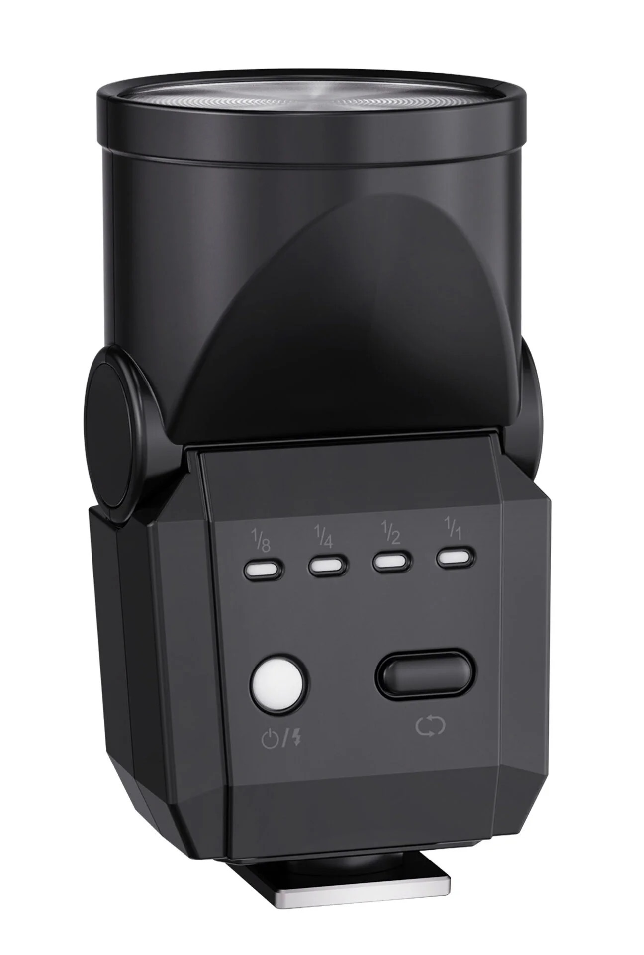 Elea Mini Blitz Newell Elea Mini-Blitzgerät, Rückseite mit Leistungsanzeige und Bedientasten