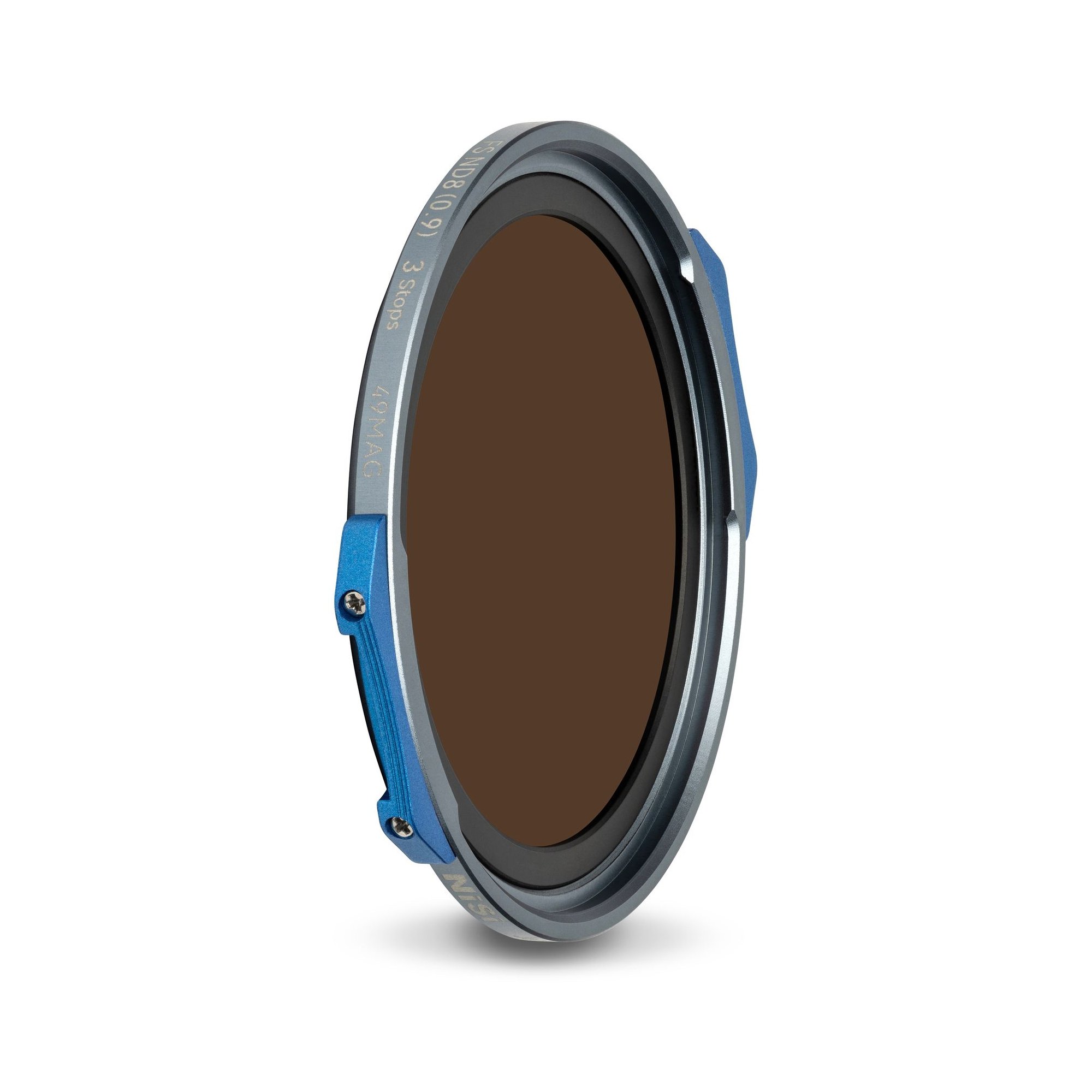 NiSi JetMag Pro FS ND8 (0.9) 3-Stops Filter (49MAG) in schräger Ansicht mit magnetischem Filterrahmen.