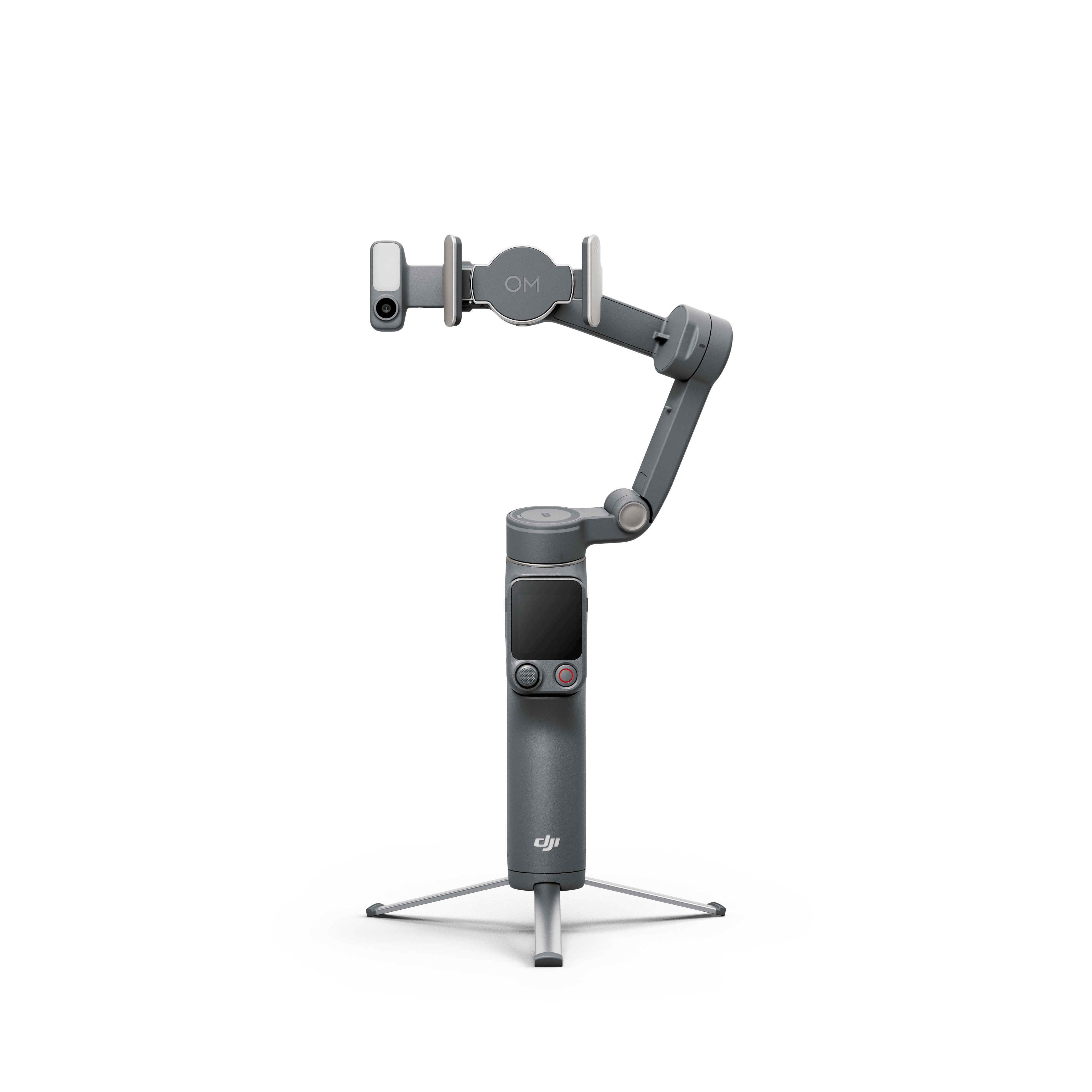DJI Osmo Mobile 8P Smartphone-Gimbal in Seitenansicht mit integriertem Bedienfeld und Stativ