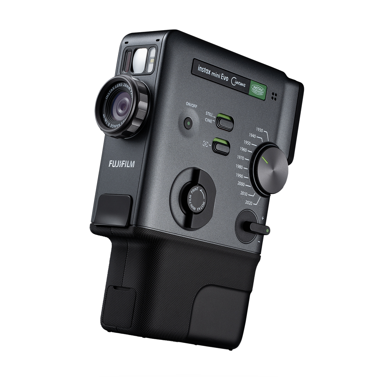 FUJIFILM instax mini Evo Cinema – schräge Vorderansicht mit Objektiv, Bedienelementen und strukturiertem Griff