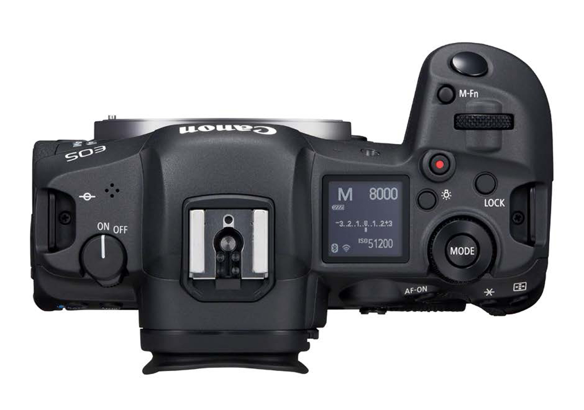 Canon EOS R5 Gehäuse in Draufsicht mit Statusdisplay, Moduswahl und Bedienelementen