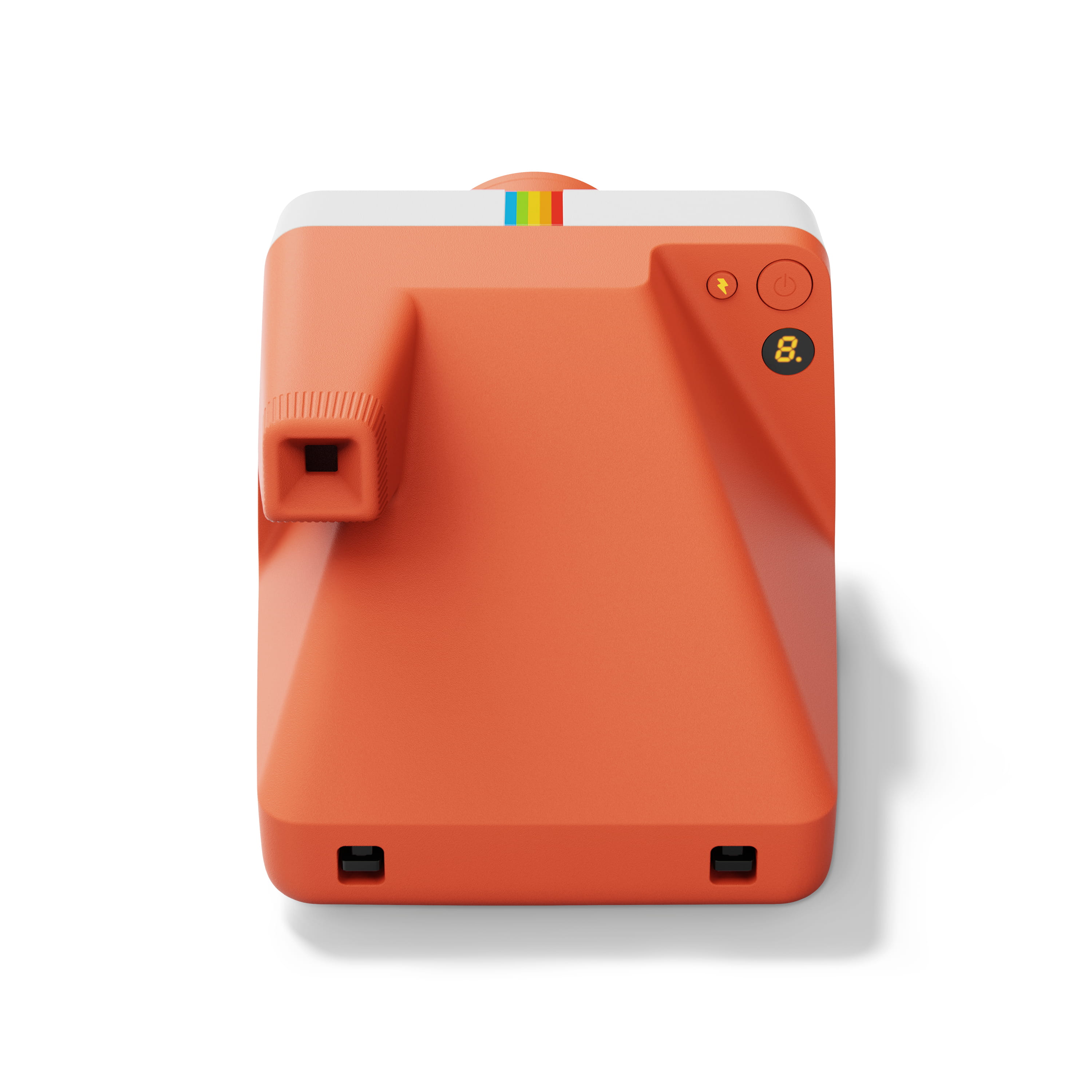 Polaroid Now Gen 3 coral – Draufsicht mit Auslöser, Anzeigeelementen und farbigem Streifen oben
