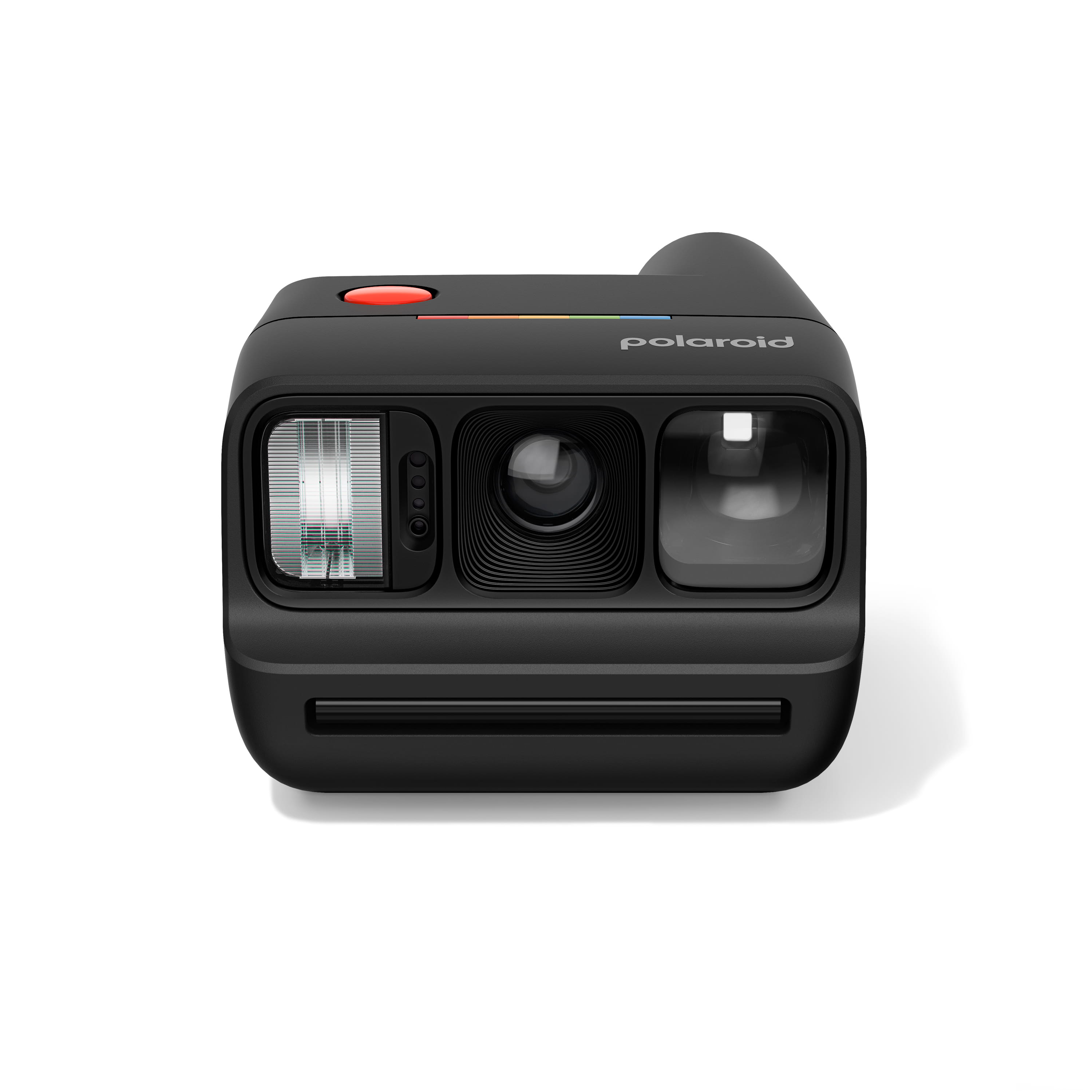 Polaroid Go Generation 3 in Schwarz in frontaler Ansicht mit Objektiv, Blitz und Filmausgabe