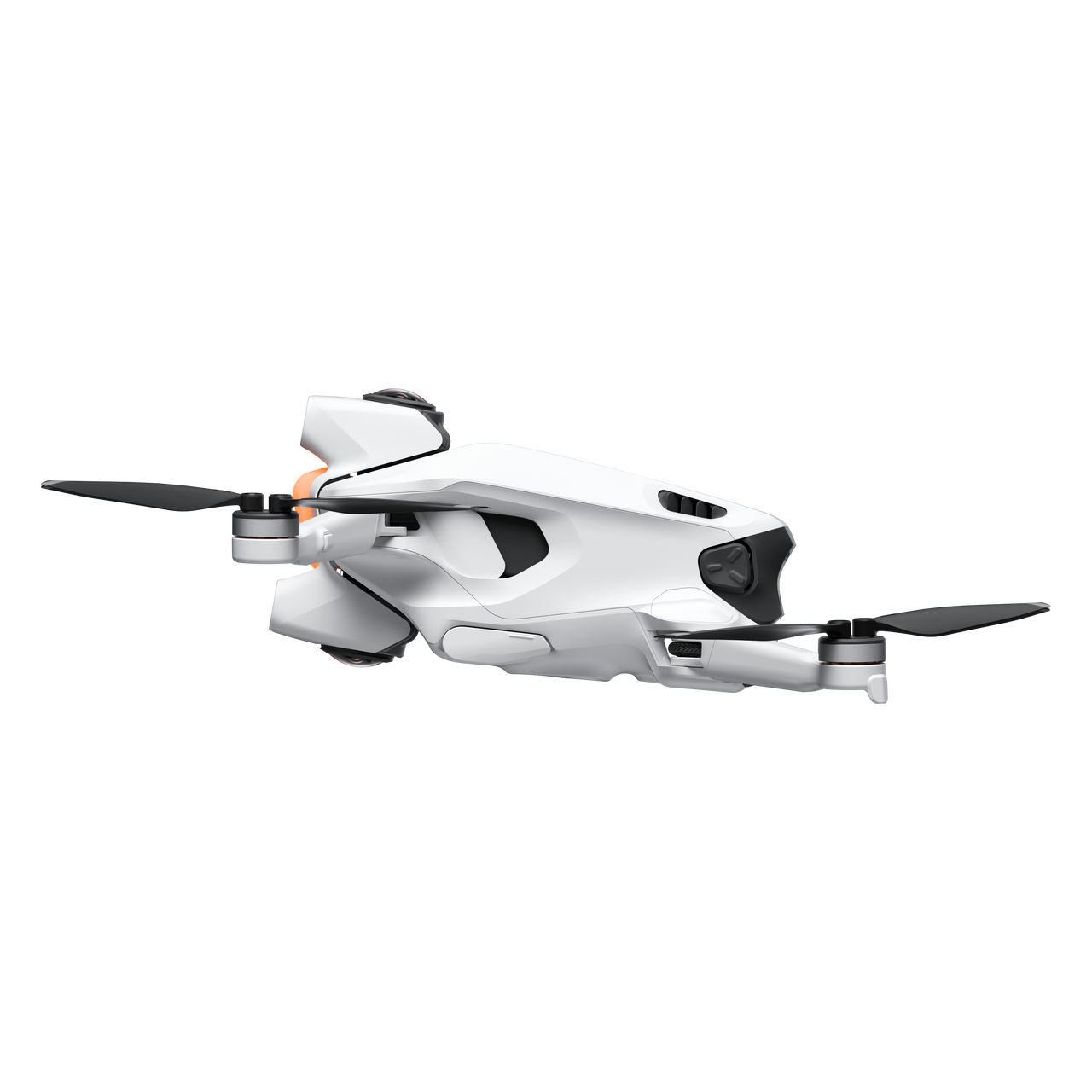 Antigravity A1 Drohne in niedriger Seitenansicht mit sichtbarer seitlicher Kameraposition und Rotorarmen