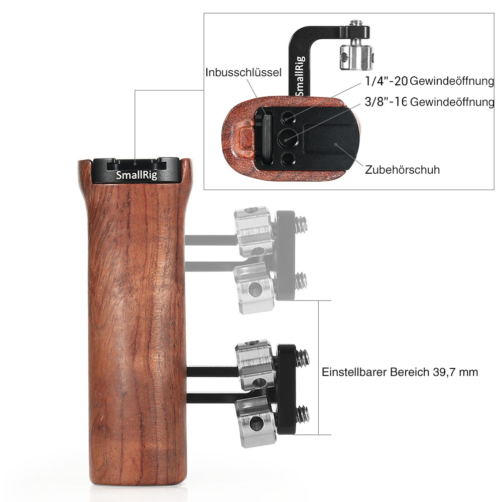 SmallRig HSN2093C Holzgriff – Detailansicht mit 1/4 und 3/8 Zoll Gewinden, Zubehörschuh und integriertem Inbusschlüssel