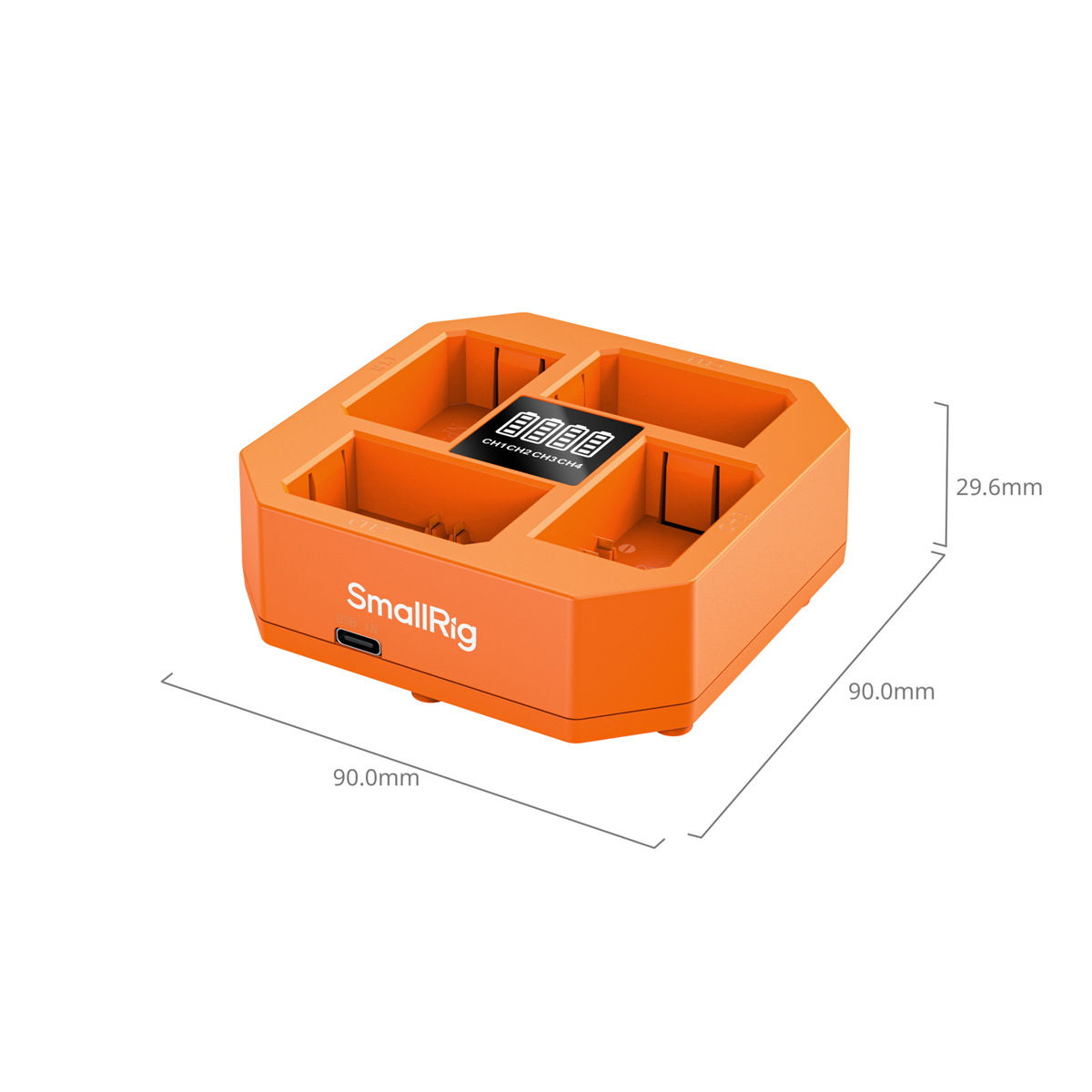 SmallRig 4839 4-Kanal Ladegerät für Sony NP-FZ100 – schräge Ansicht mit Abmessungen und Gehäusedesign