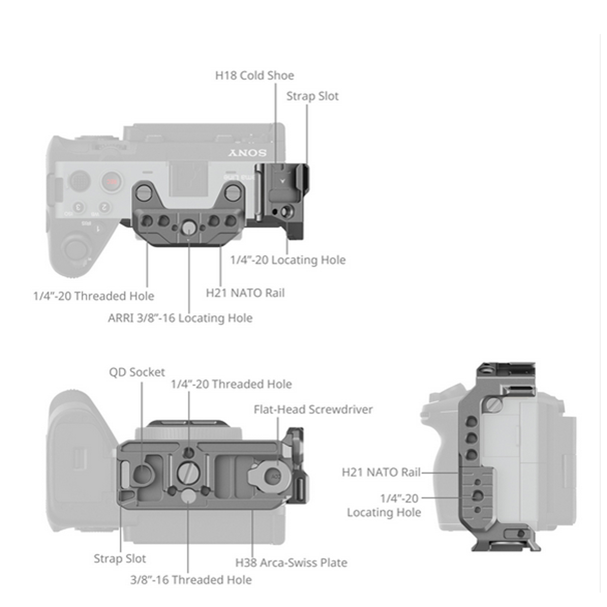 SmallRig 4772 HawkLock QR Half Cage für Sony FX3 und FX30 mit markierten Gewinden, NATO-Rail und Cold-Shoe