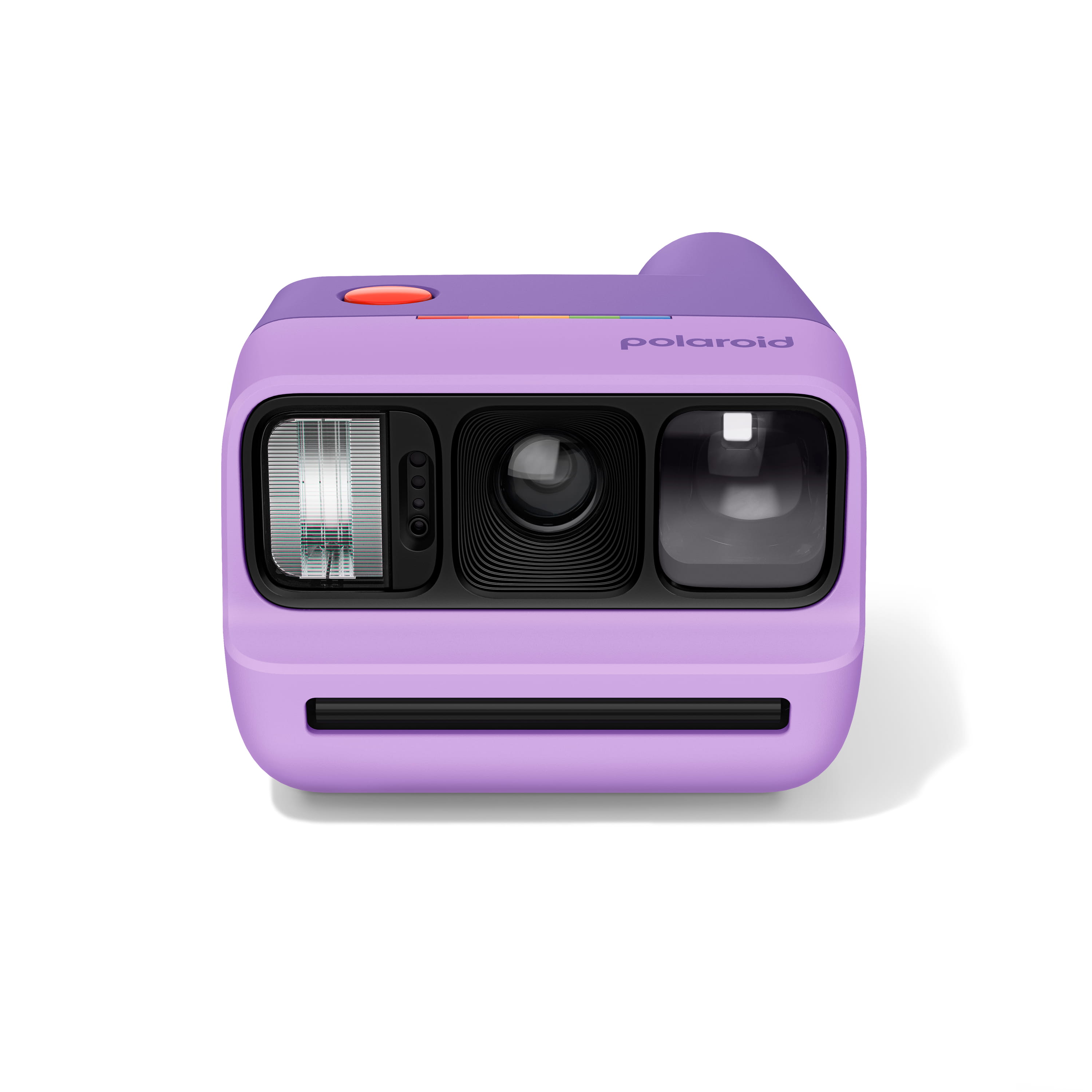 Polaroid Go Generation 3 in Lila in frontaler Ansicht mit Objektiv, Blitz und Filmausgabe