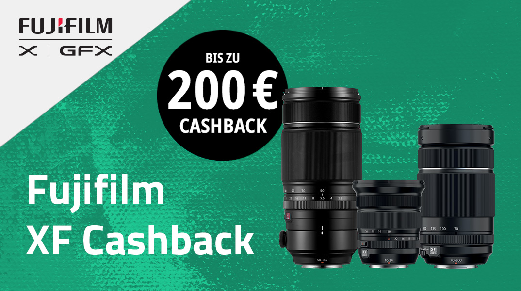 Fujifilm XF Objektive – Produktgruppe mit Cashback-Hinweis und GFX-Branding, drei Objektive in Frontalansicht