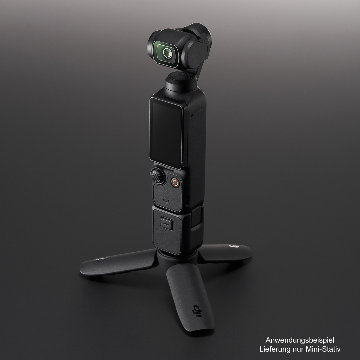 DJI Osmo Ministativ – schräge Ansicht im Einsatz mit montierter Kamera, stabiler Stand auf glatter Oberfläche