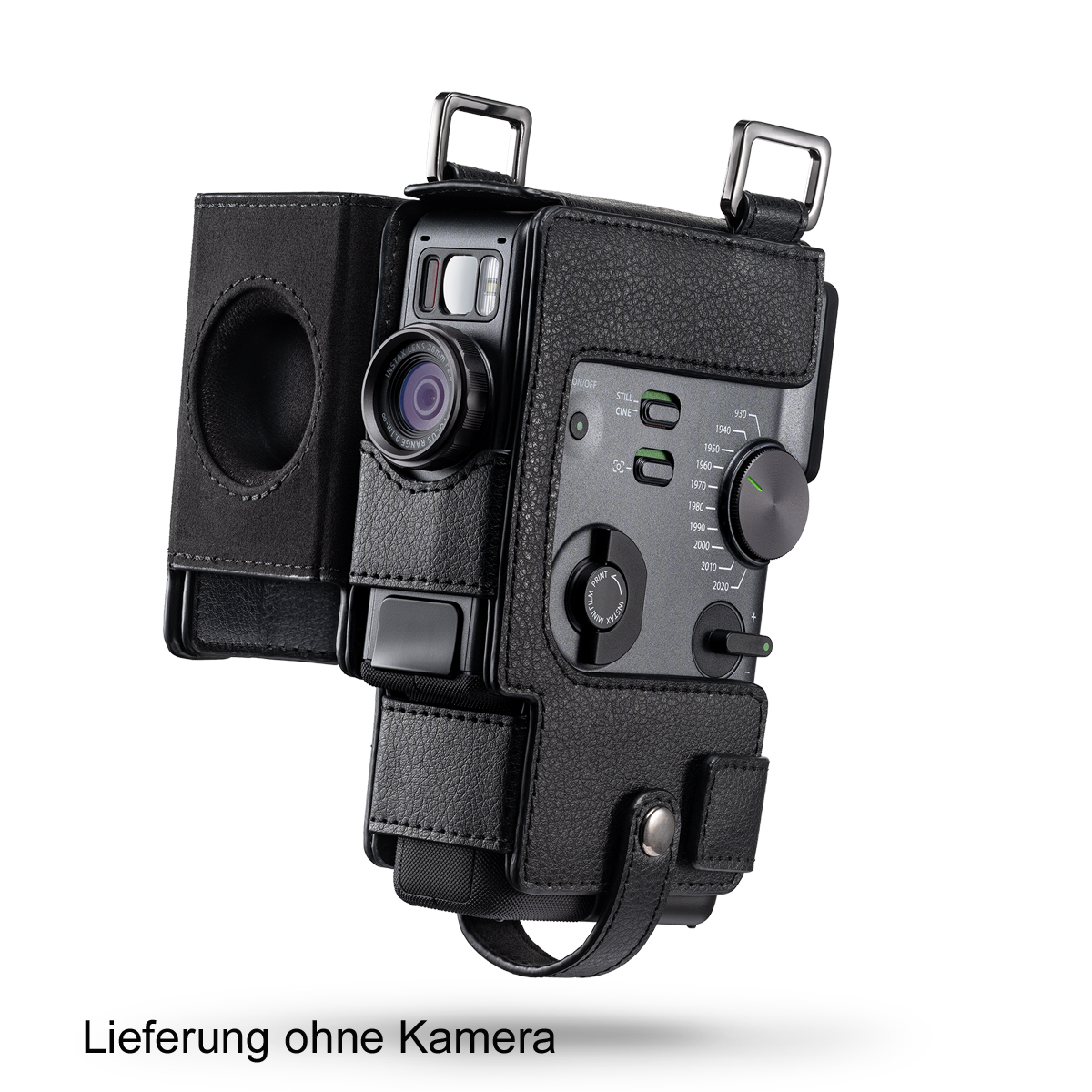 FUJIFILM instax mini Evo Cinema Kameratasche in Schwarz – geöffnete Tasche mit eingesetzter Kamera, Hinweis Lieferung ohne Kamera