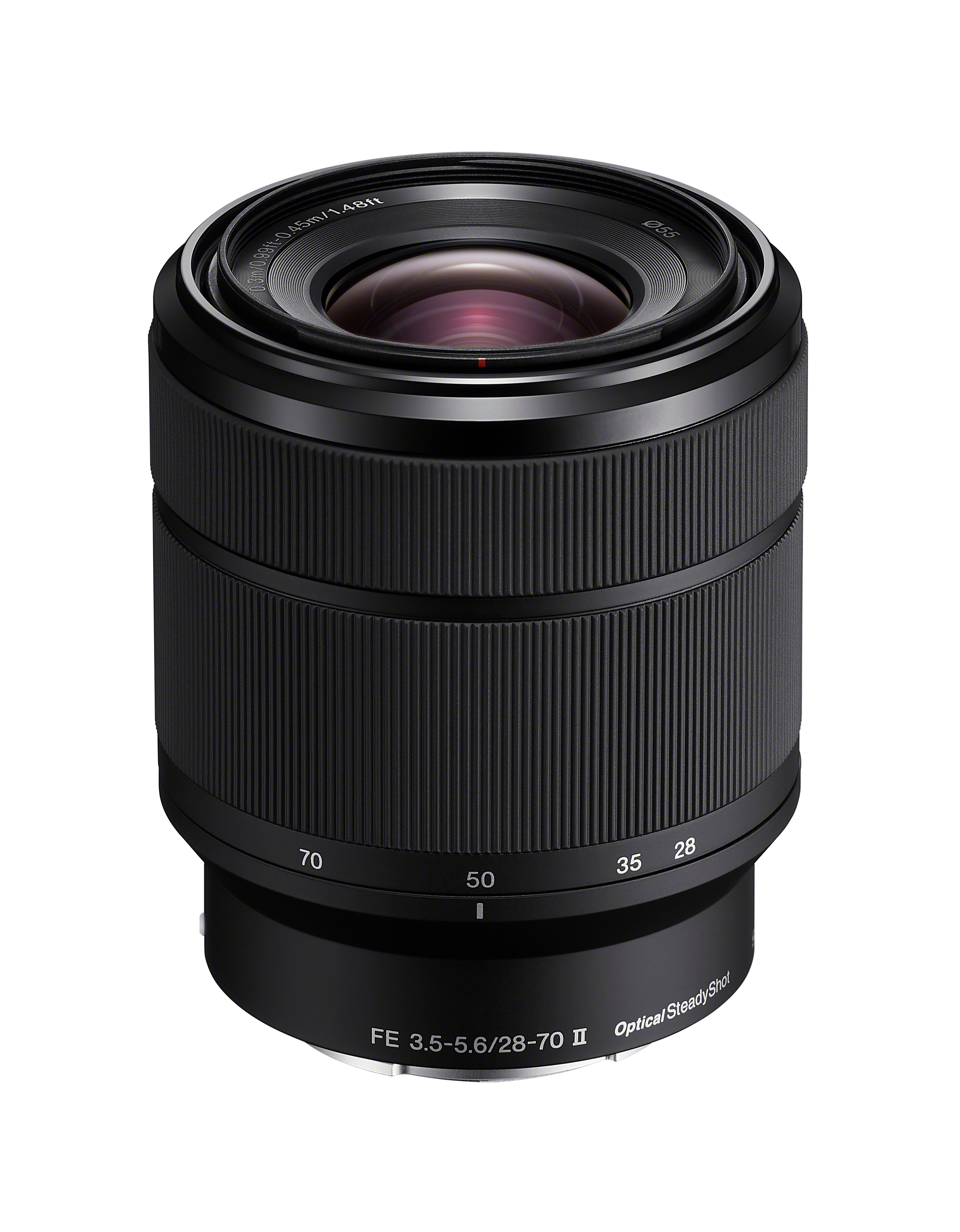 FE 28–70 mm F3.5–5.6 OSS II Sony FE 28–70 mm F3.5–5.6 OSS II – schräg von vorn gezeigtes Zoomobjektiv mit sichtbarer Frontlinse und Brennweitenring