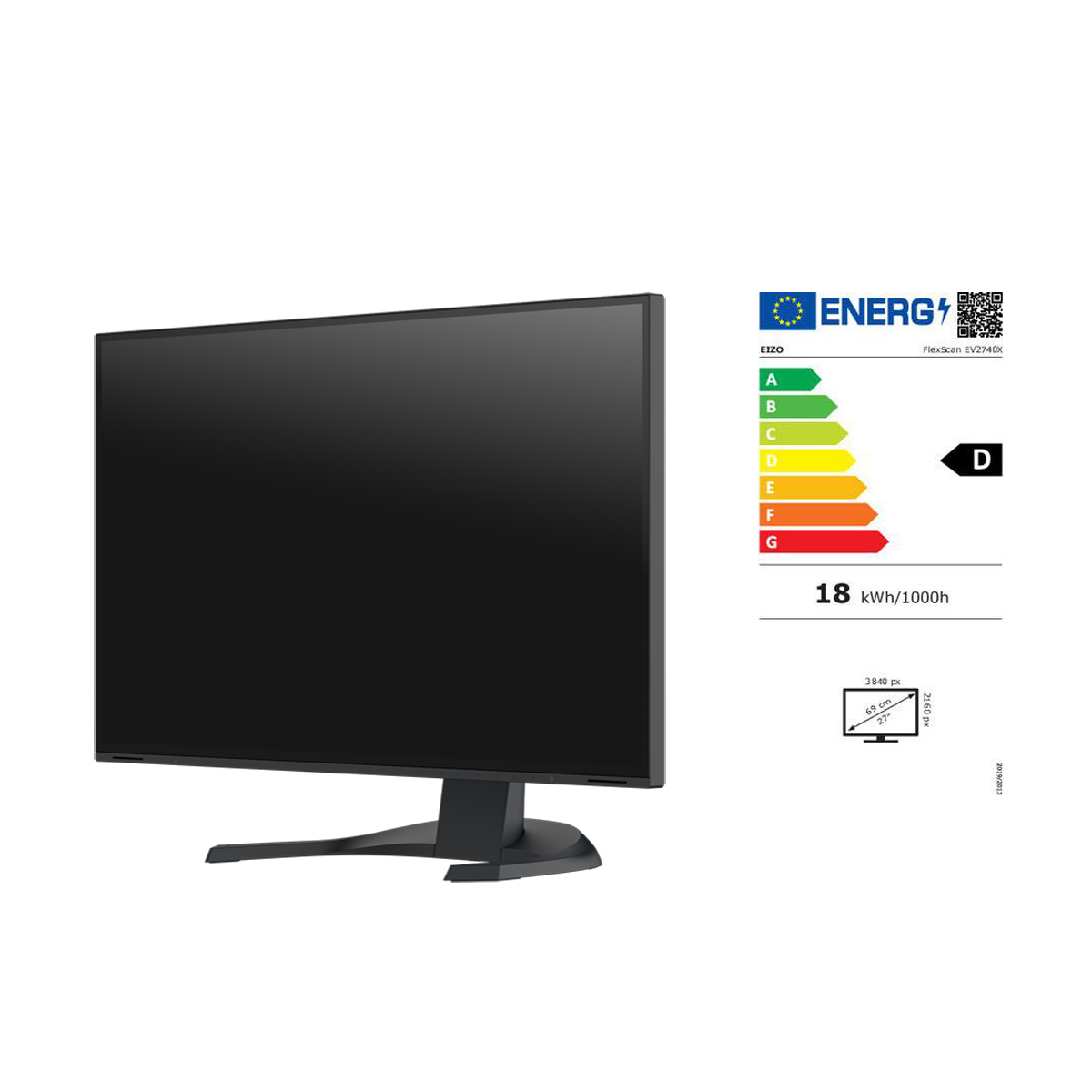 EV2740X-BK FlexScan 27" (schwarz) EIZO EV2740X-BK FlexScan 27" Monitor in Schwarz, Monitor Frontal Schräg mit Energieausweis rechts daneben