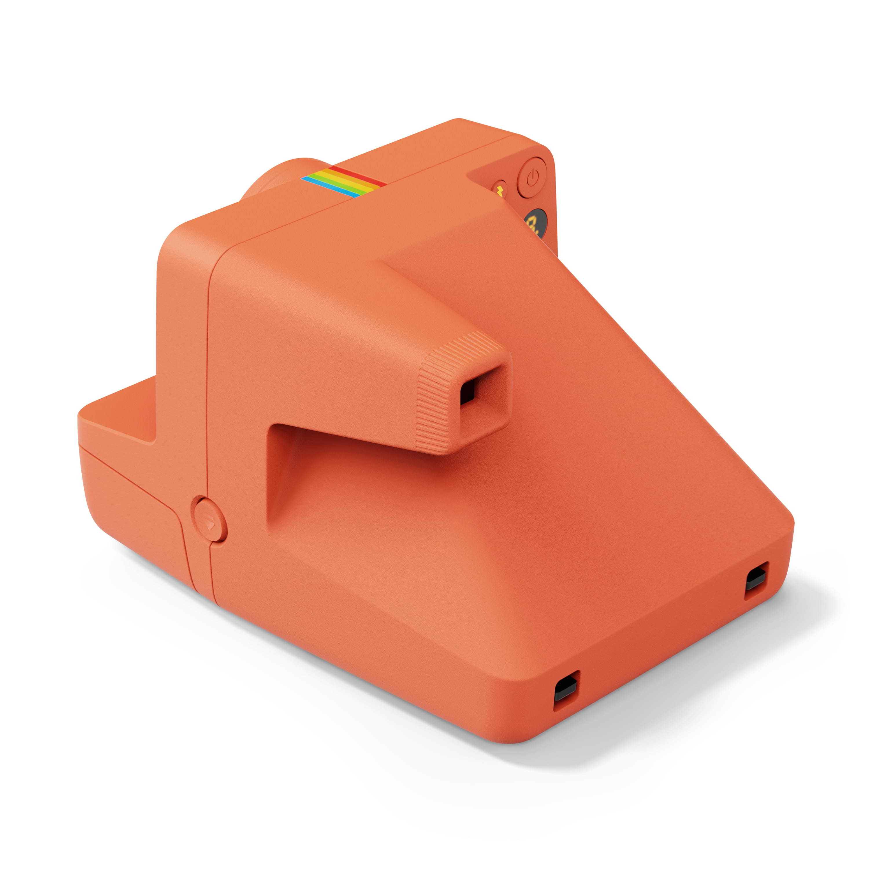 Polaroid Now Gen 3 Plus orange – schräge Rückansicht mit Sucher, Anzeige und Bedienelementen