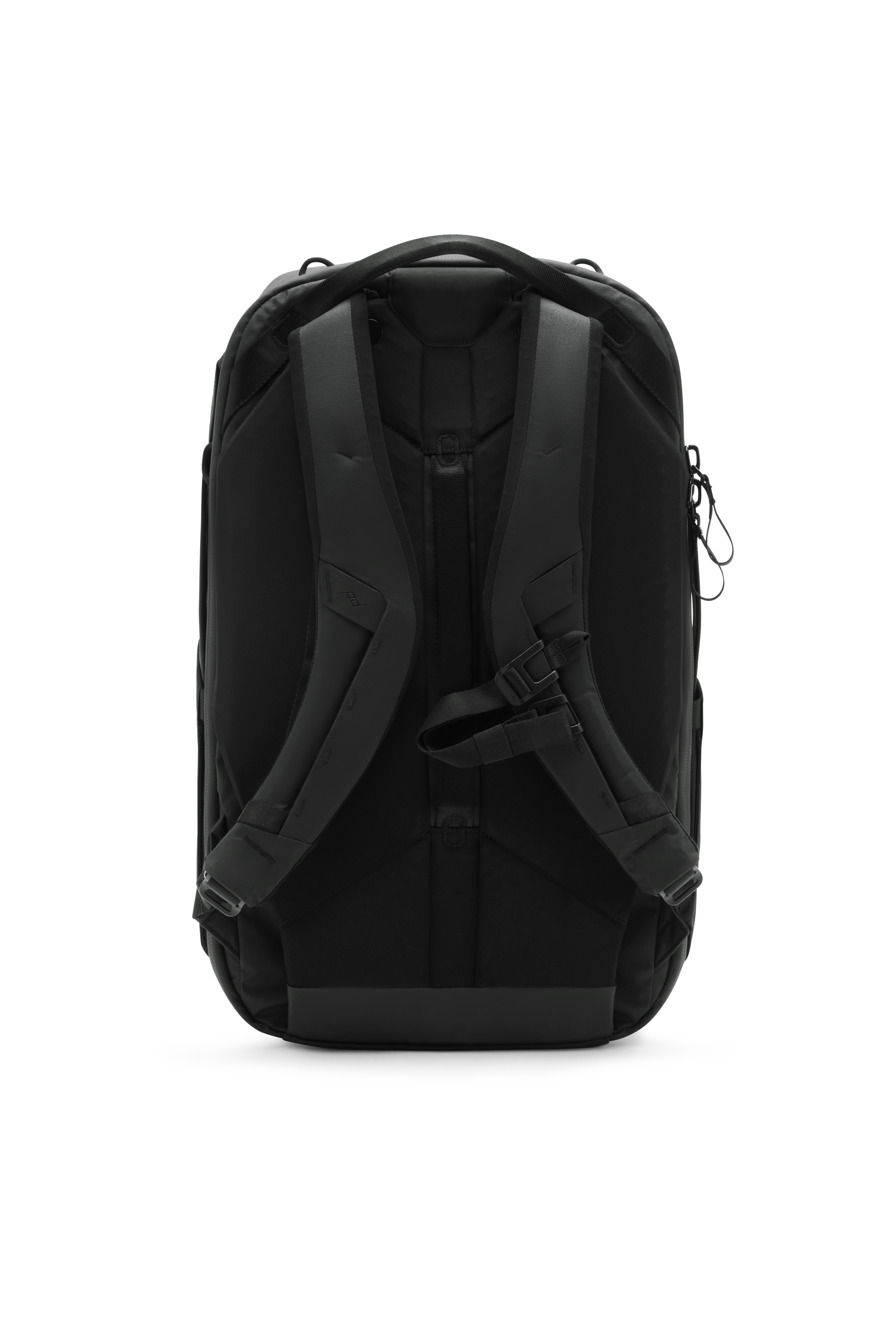 Peak Design Travel Backpack 2in1 in Schwarz, Rückansicht mit gepolsterten Schultergurten und Tragegriff.