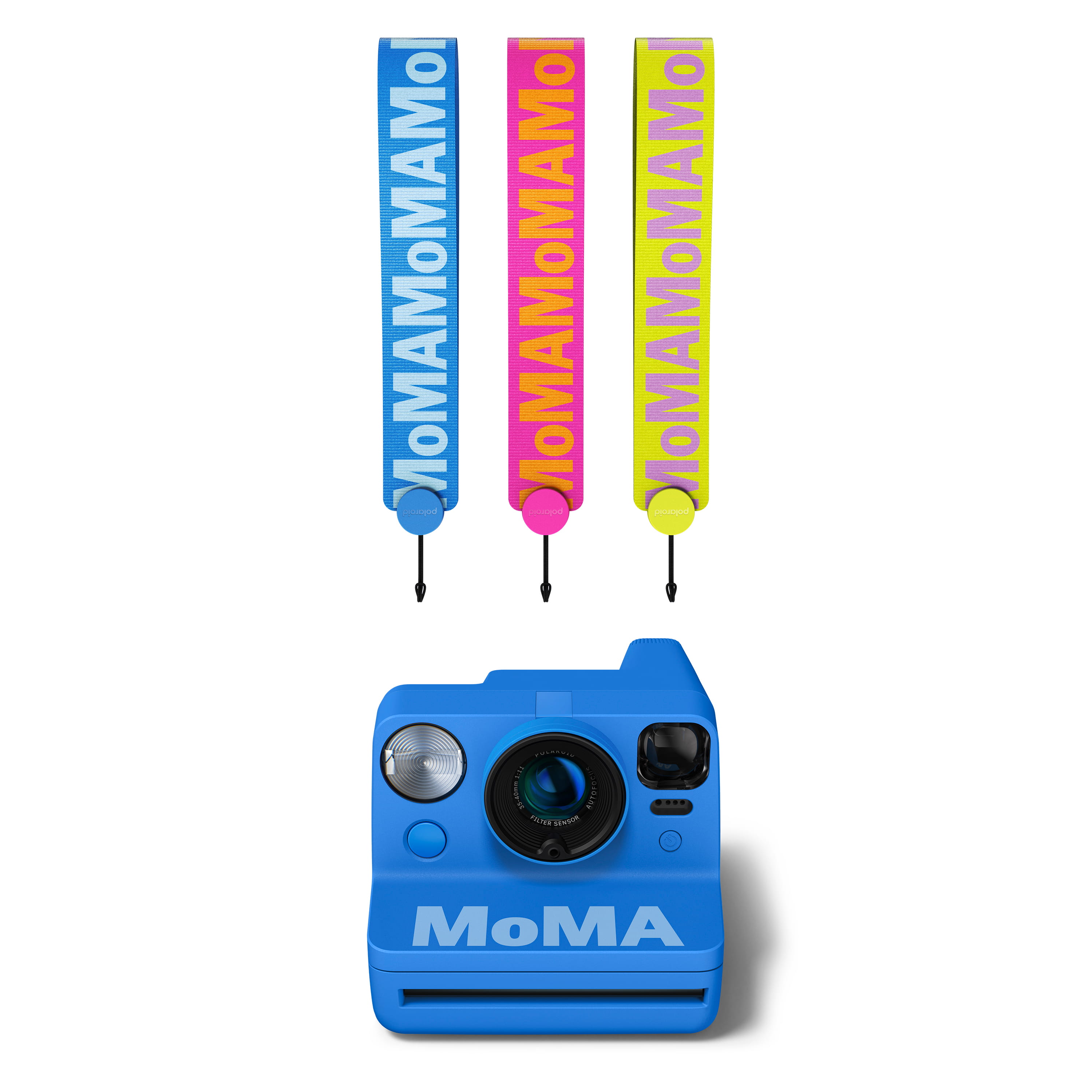 Polaroid Now Generation 3 MoMA Edition – Vorderansicht mit drei farbigen Trageriemen im Lieferumfang