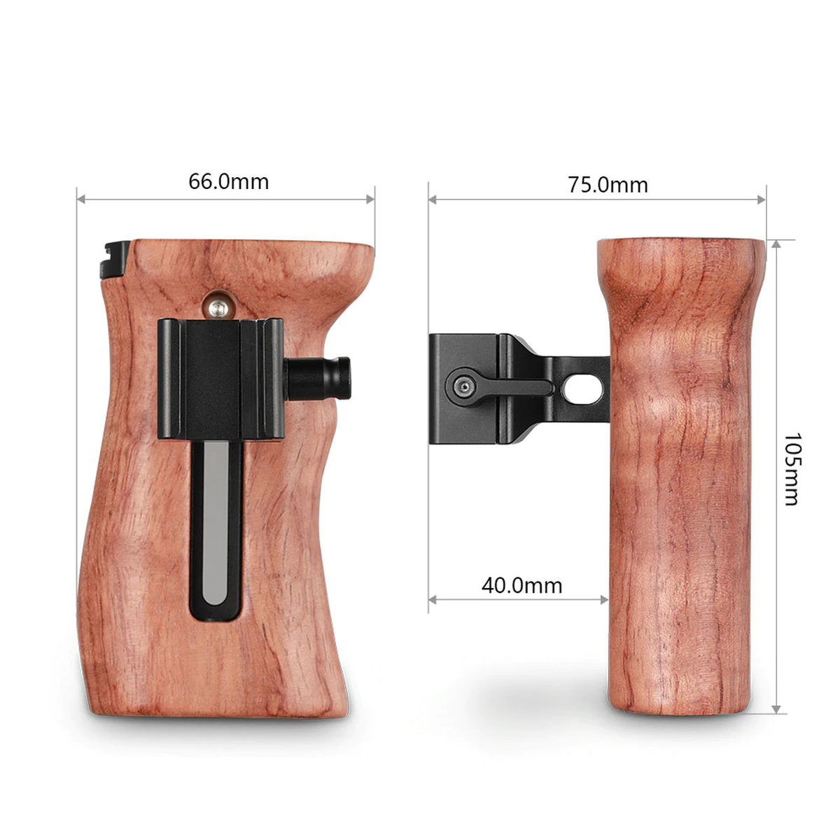 SmallRig 2187B seitlicher Holzgriff mit NATO-Klemme – Seitenansicht mit Maßangaben und verstellbarer Klemmbefestigung