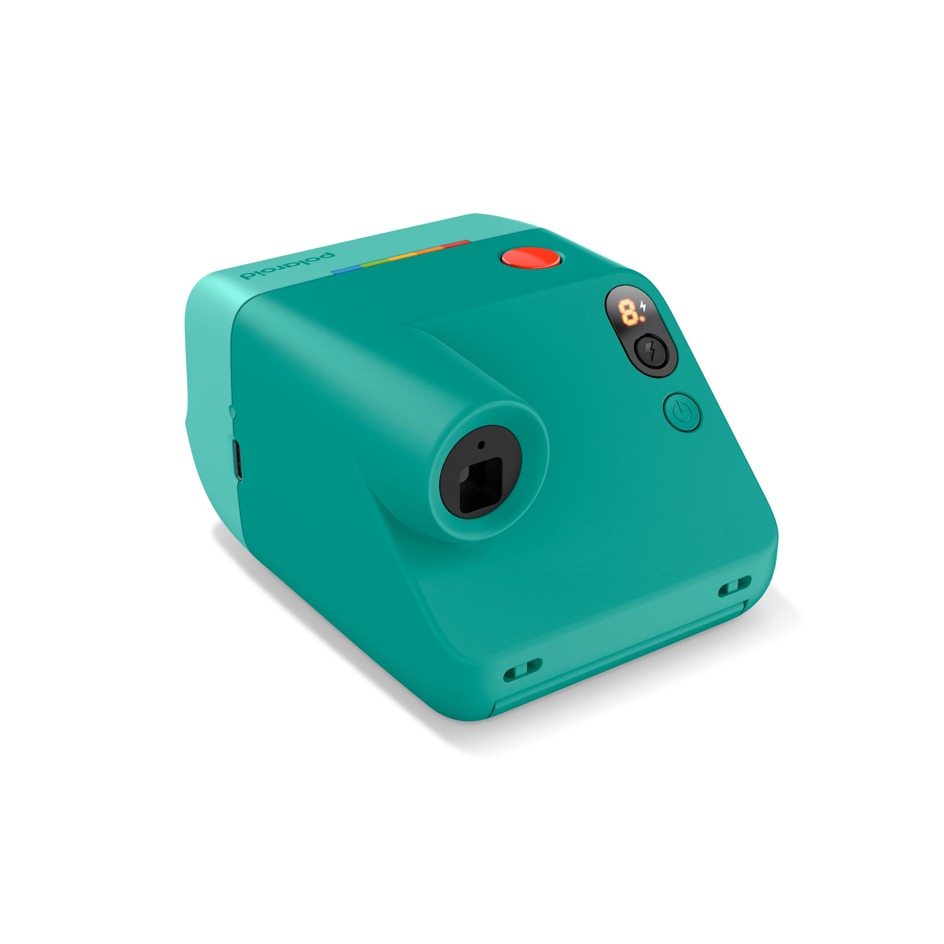 Polaroid Go Generation 3 in Türkis in schräger Rückansicht mit Sucher, Display und Bedienelementen