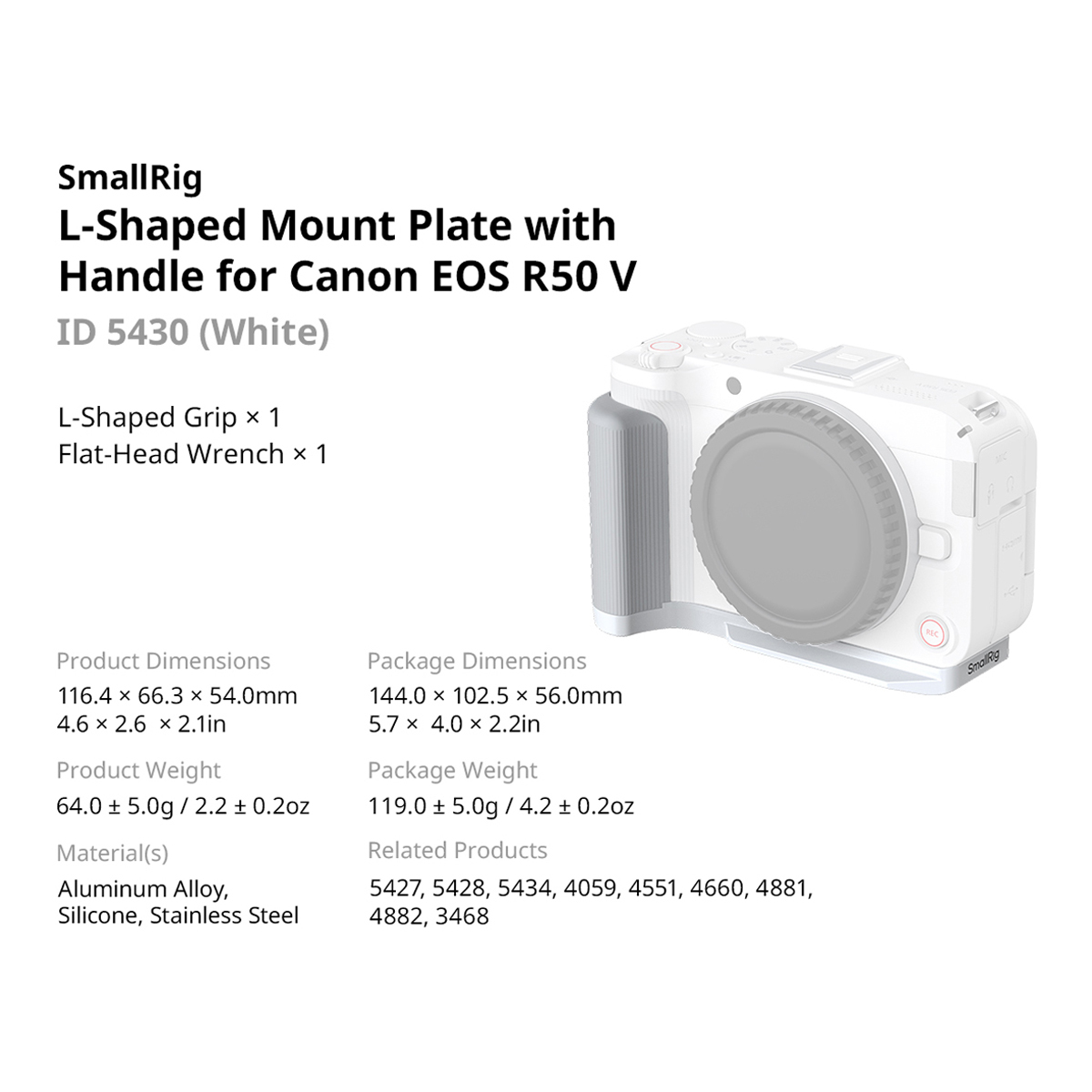 5430 L-förmige Montageplatte mit Griff für Canon EOS R50 V (Weiß) 5430 L-förmige Montageplatte mit Griff für Canon EOS R50 V (Weiß)