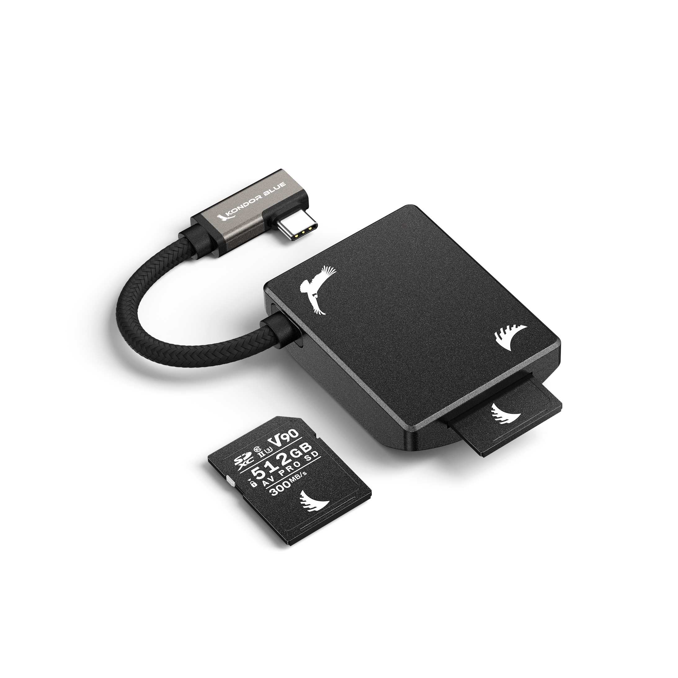 Angelbird SD Recording Module in Schwarz liegend mit 2 SD Karte und Kabel