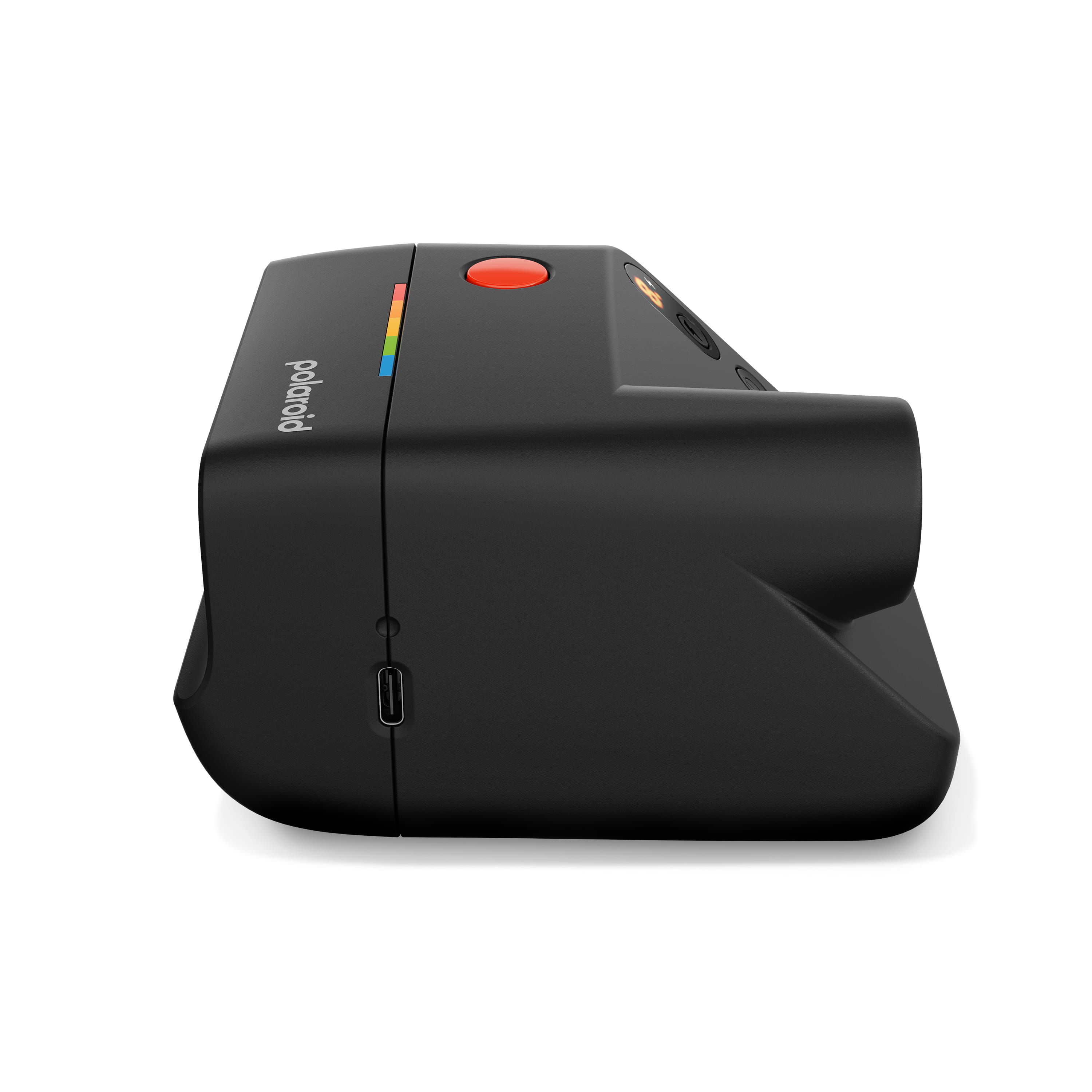 Seitenansicht der Polaroid Go Generation 3 in Schwarz mit USB-C-Anschluss und Gehäuseprofil