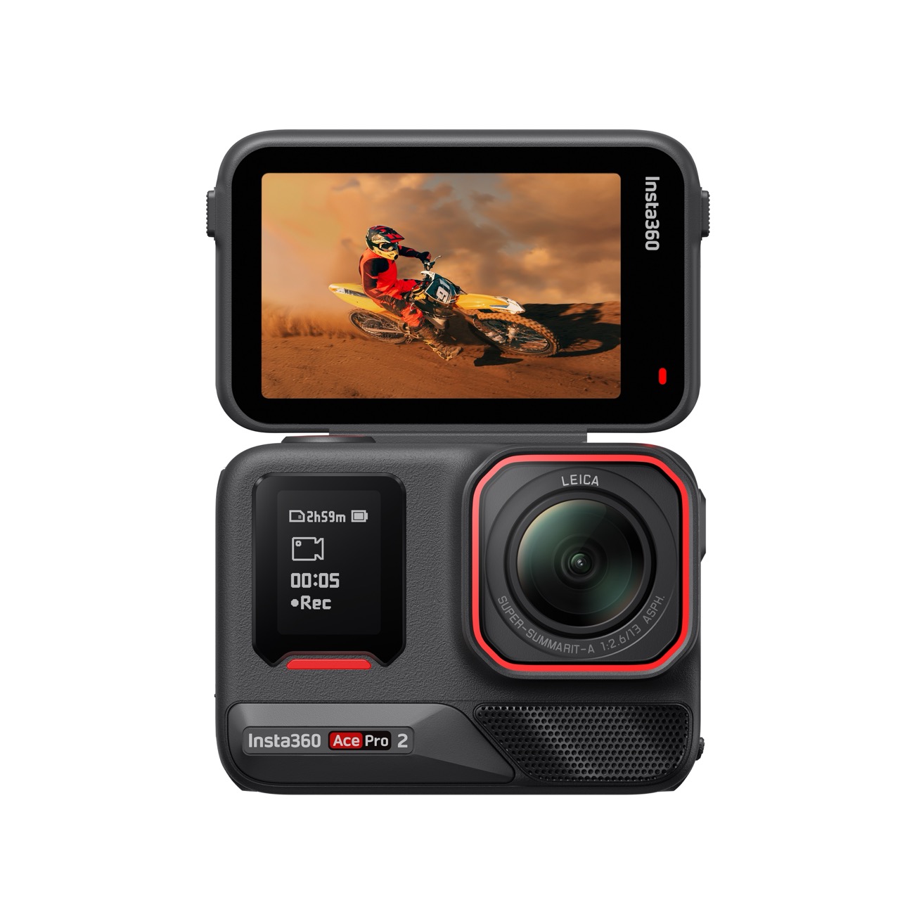 Ace Pro 2 Standard Bundle (Nachtschwarz) Insta360 Ace Pro 2 – Vorderansicht mit aufgeklapptem Display und laufender Videoaufnahme