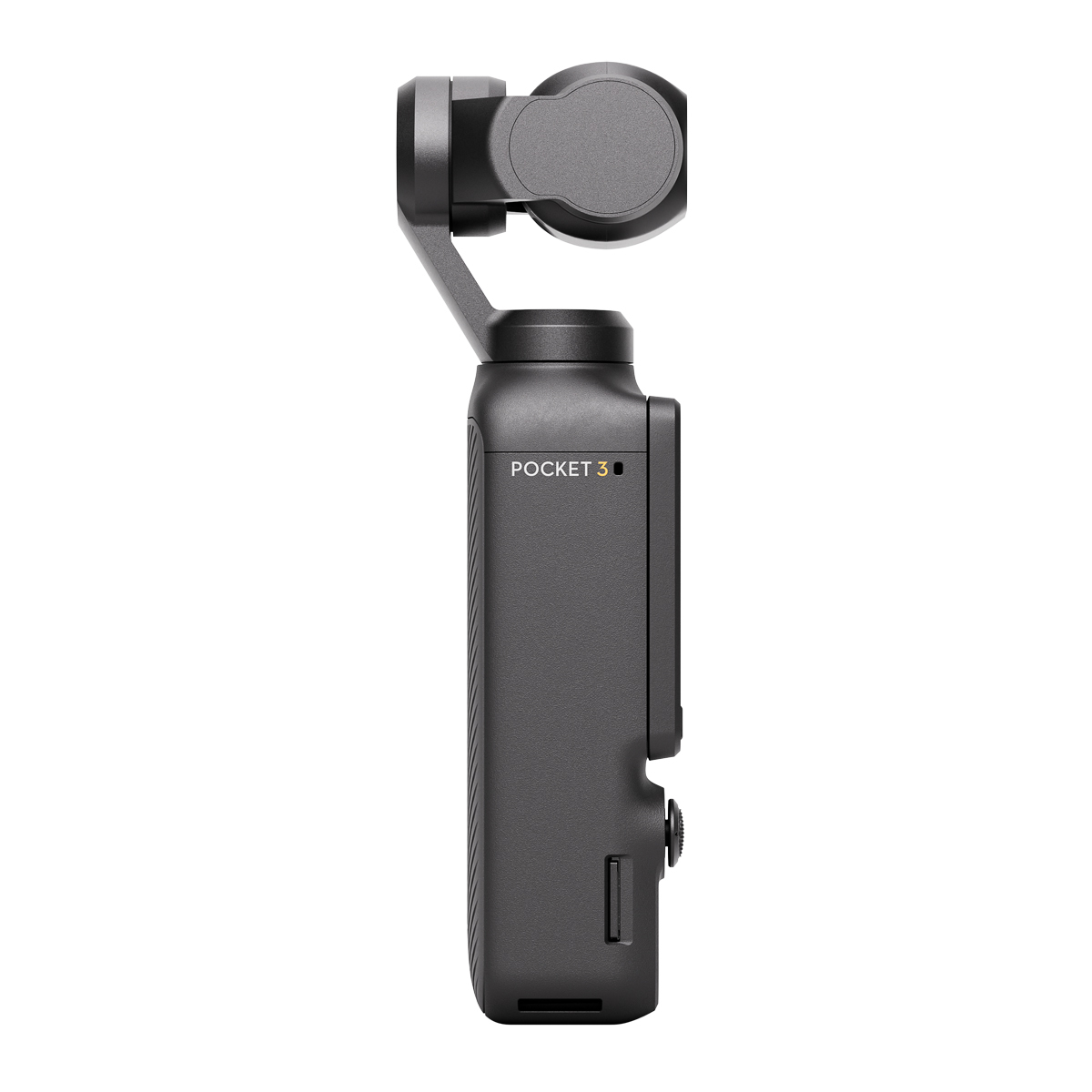 DJI Osmo Pocket 3 – rechte Seitenansicht mit Gehäuse, Bedienelement und montiertem Gimbal