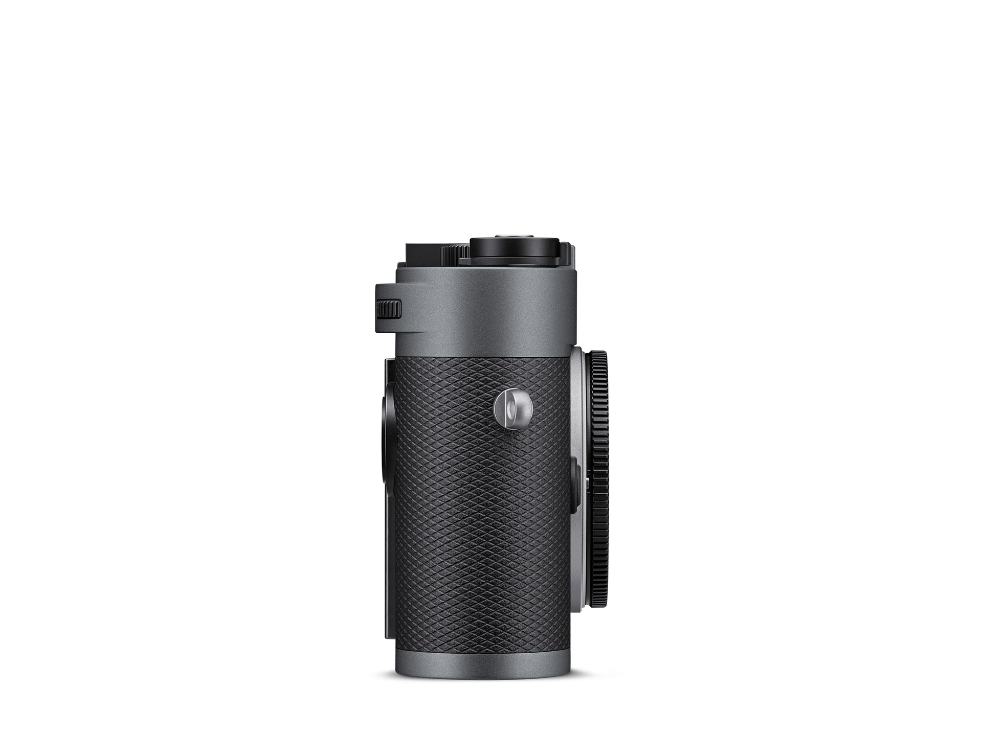 Rechte Seitenansicht der Leica M11-P in Metal Gray mit Bedienelementen und Bajonett