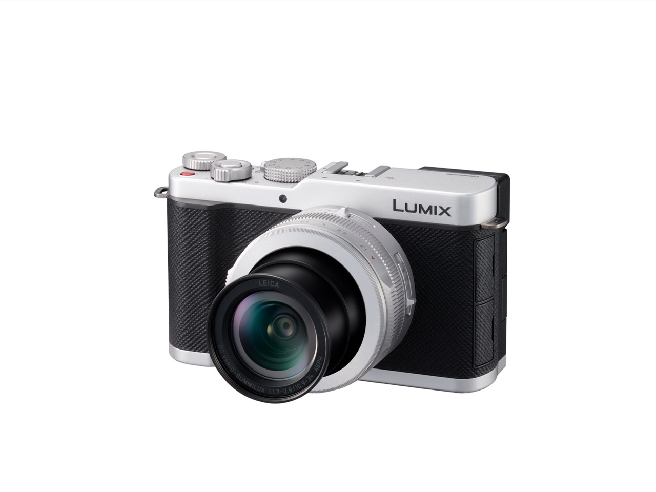 Panasonic Lumix L10 in Silber – schräge Ansicht mit ausgefahrenem Leica-Zoomobjektiv