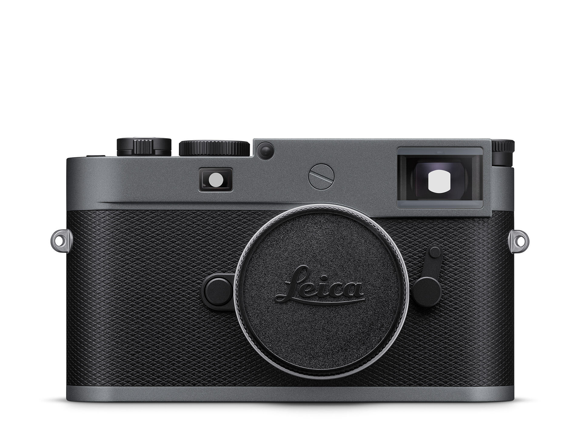 Vorderansicht der Leica M11-P in Metal Gray mit Gehäusedeckel und Messsucher