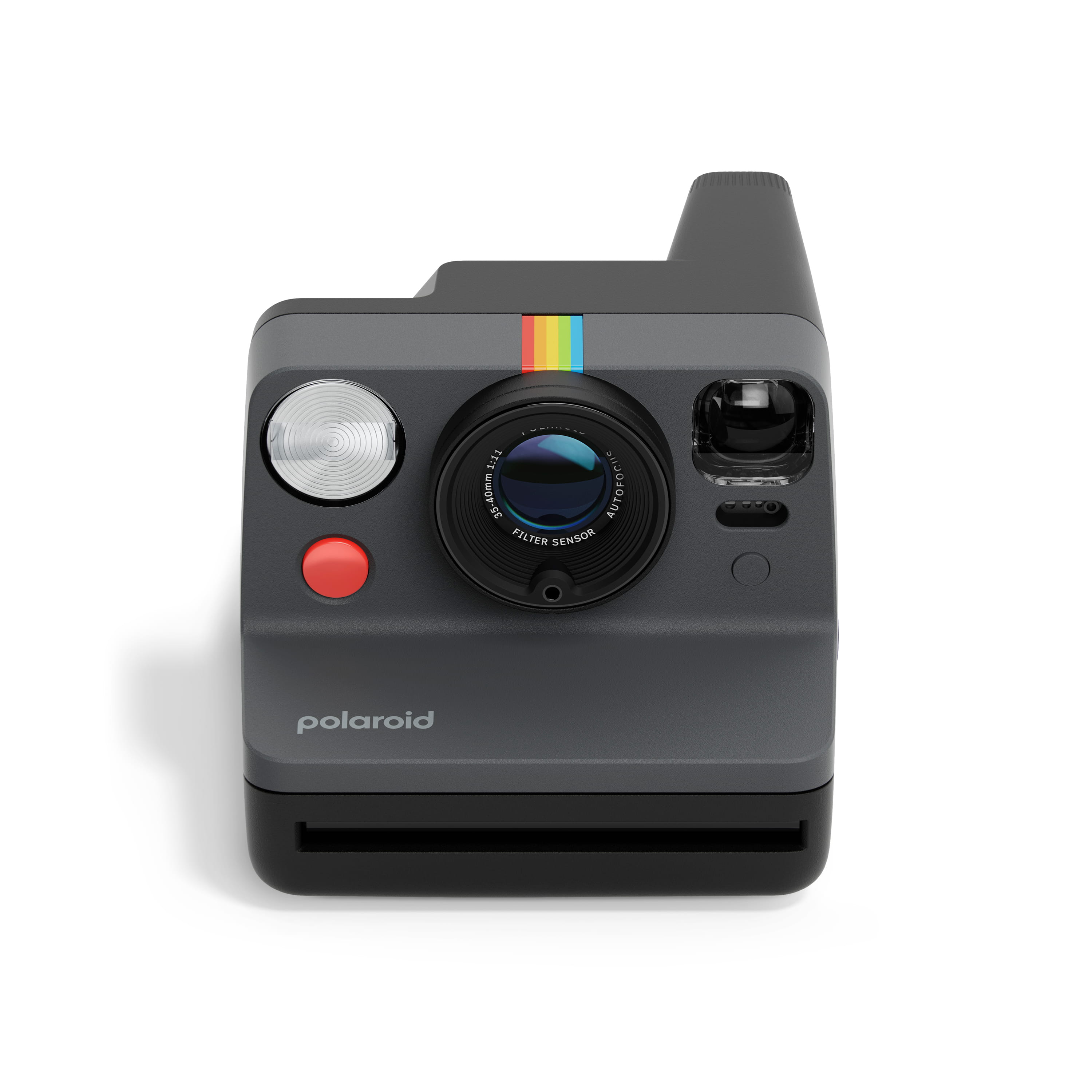 Polaroid Now Gen 3 schwarz – Vorderansicht mit Objektiv, Blitz, Auslöser und Filmausgabeschlitz