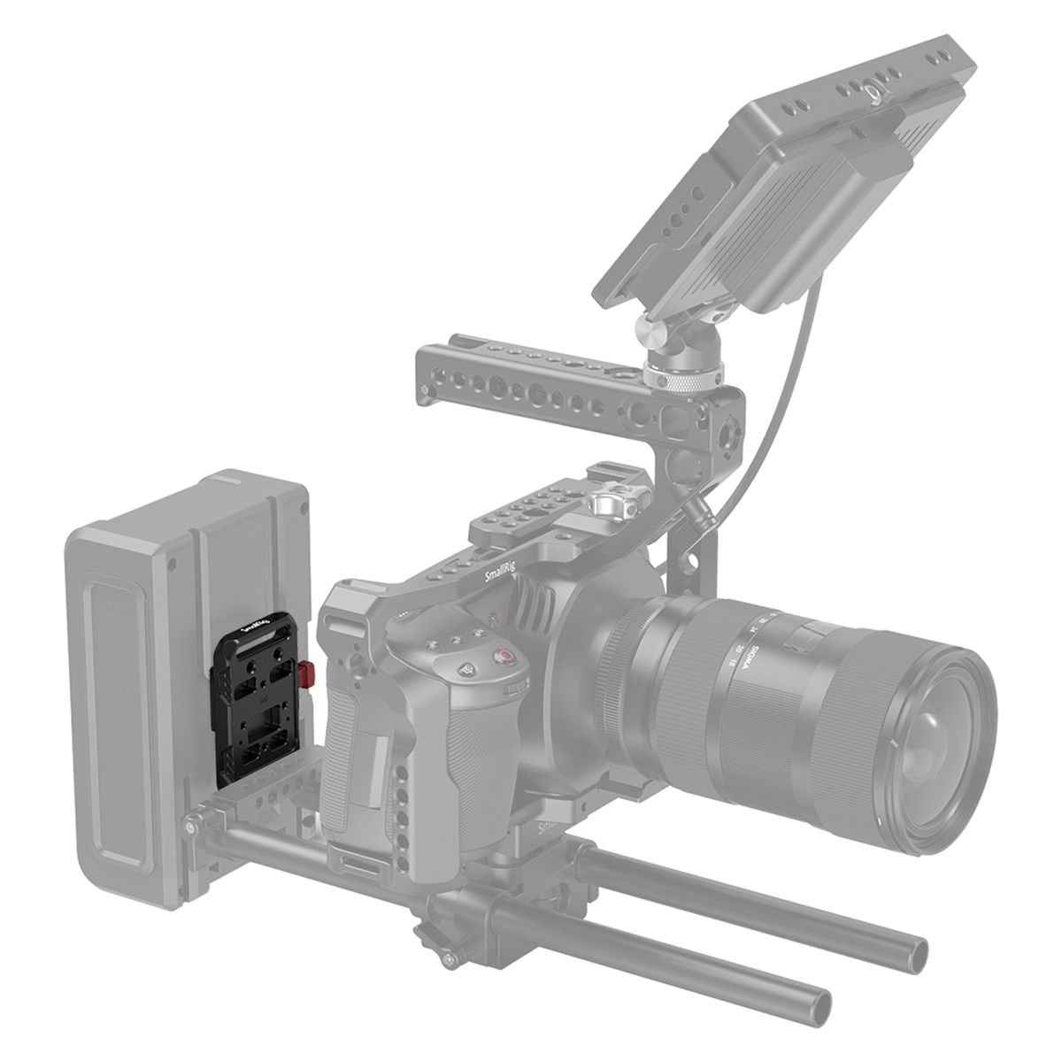 2987 Mini V-Mount Batterieadapter-Platte 2987 Mini V-Mount Batterieadapter-Platte, Anwendungsbeispiel auf Kamera-Rig