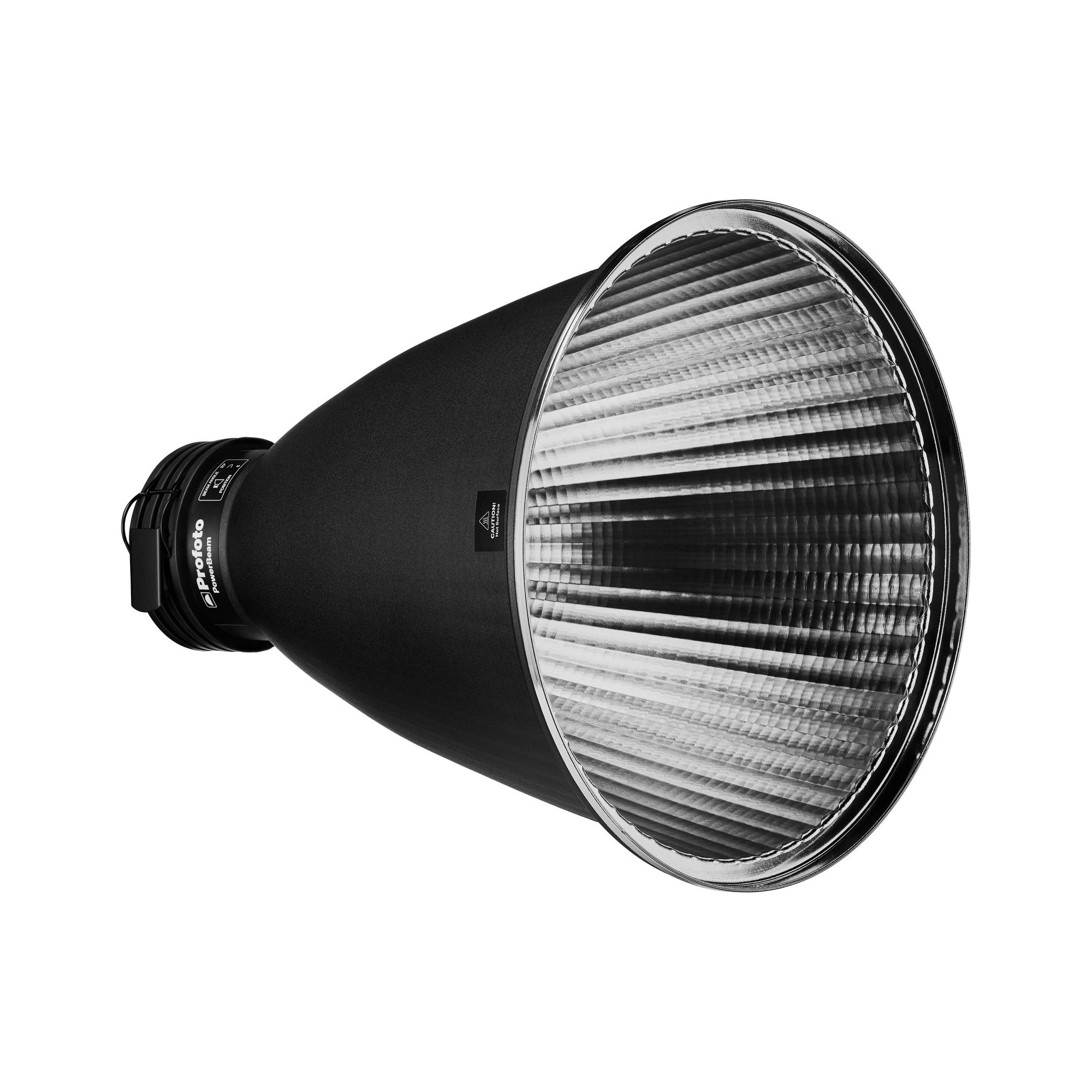 Profoto PowerBeam Reflektor in schräger Vorderansicht mit tiefem Reflektorkörper und strukturierter Innenfläche
