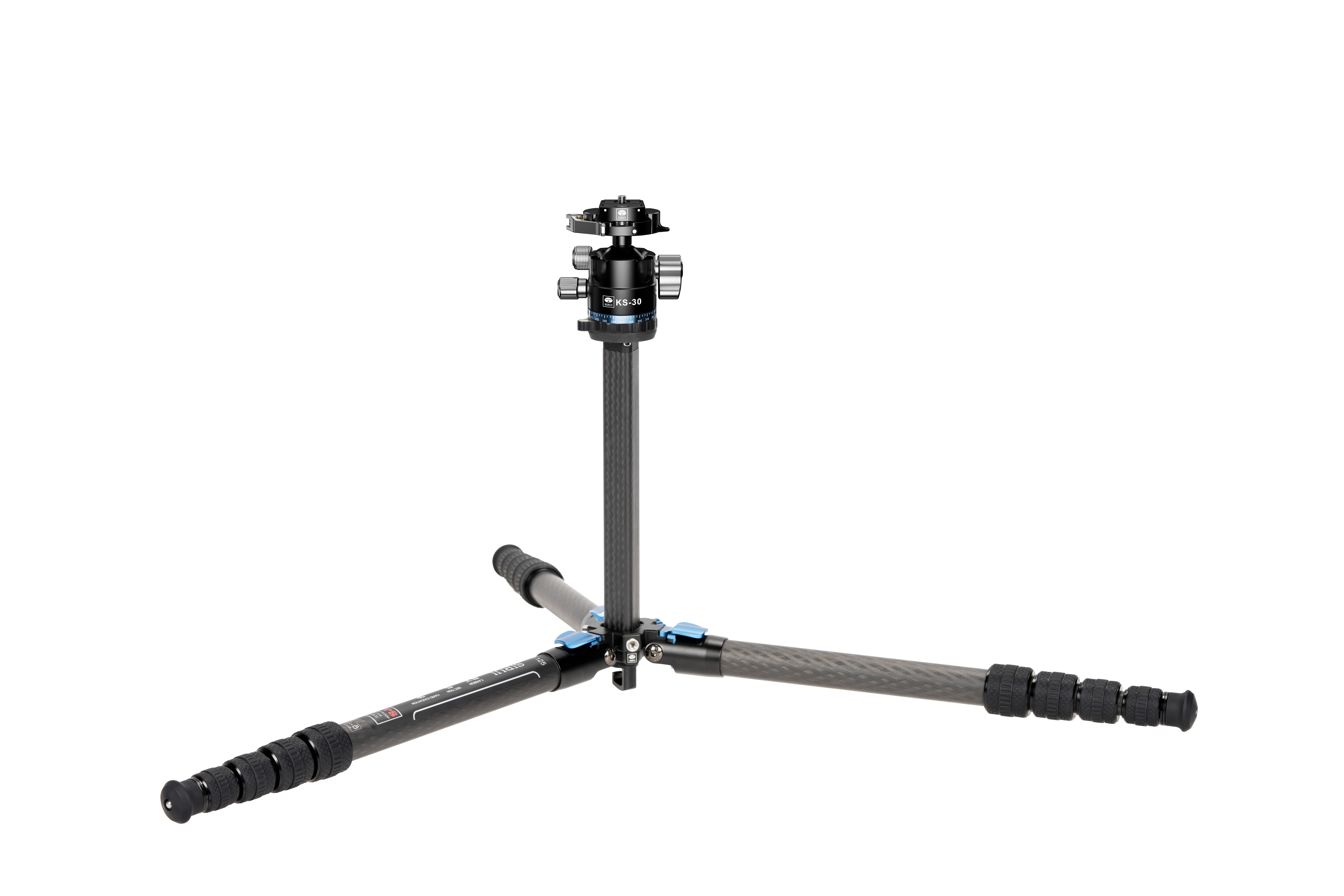 Sirui ST-125 + KS-30 Superb Traveler Carbon – Stativ in niedriger Arbeitsposition mit weit gespreizten Beinen