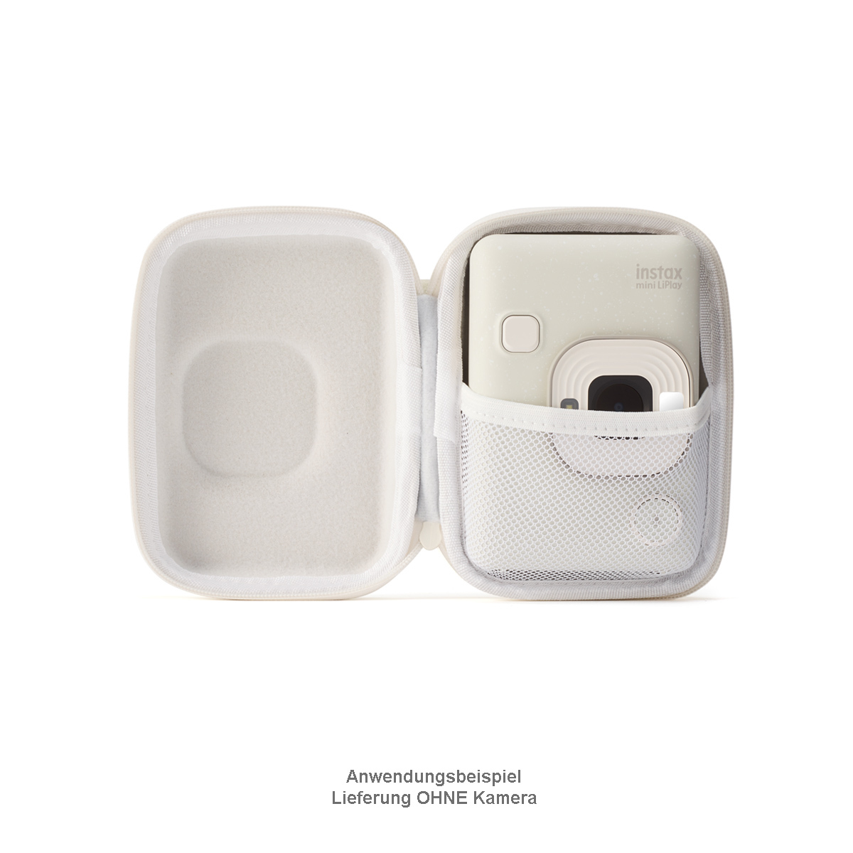 Fujifilm Instax Mini LiPlay Case Misty White – geöffnete Tasche mit eingesetzter Kamera und Netzfach innen