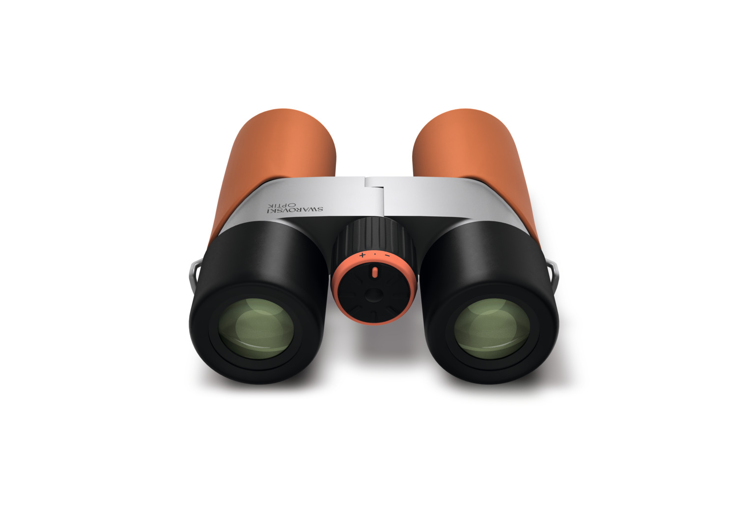 Swarovski CL Companion 8x30/10x30 orange – Vorderansicht des Fernglases mit Objektiven und Fokussierrad