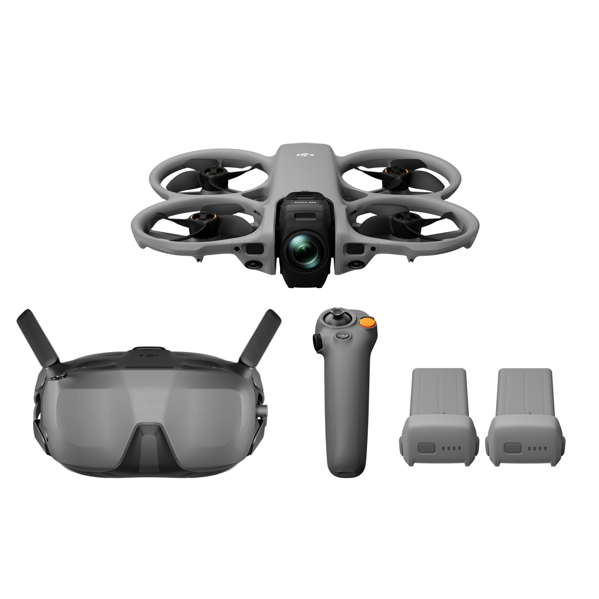 DJI Avata 360 Motion Fly More Combo – Frontansicht mit Drohne, FPV-Brille, Controller und Akkus
