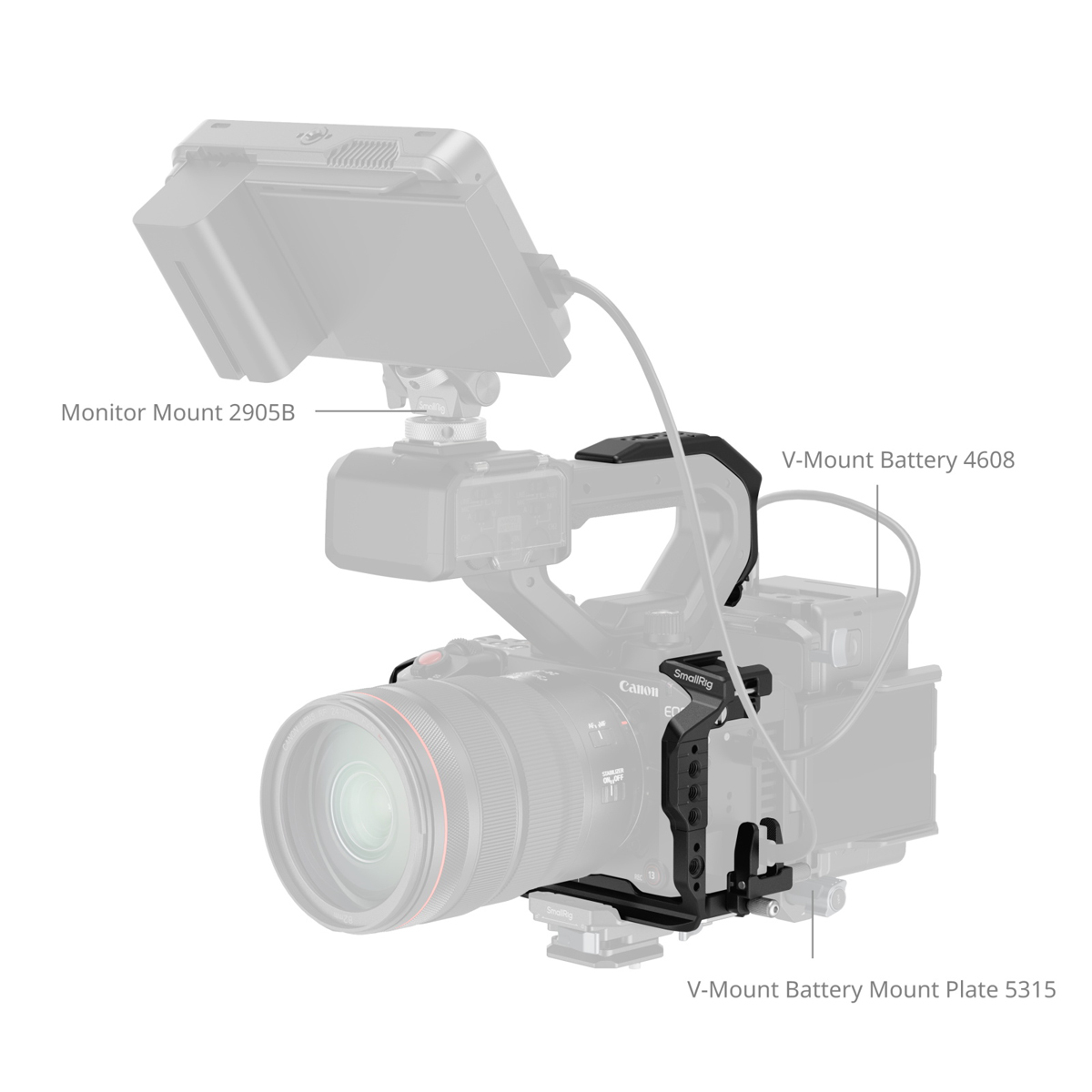 SmallRig 5657 Cage Kit für Canon EOS C50 im Rig-Aufbau mit Monitorhalterung und V-Mount-Akku